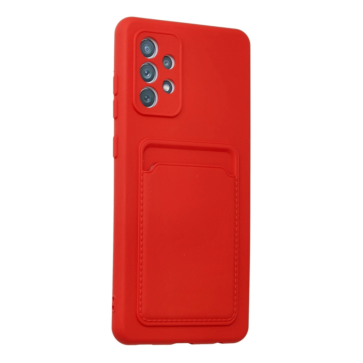 Kart yuvalı ve kamera modüllü kırmızı telefon kılıfı.