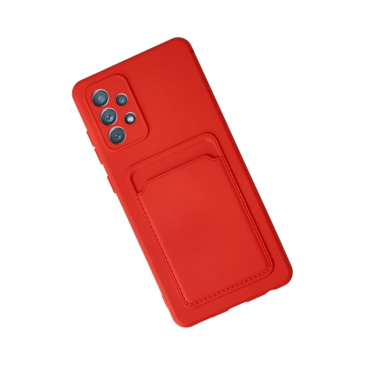 Kart yuvalı ve kamera kesimli kırmızı telefon kılıfı.