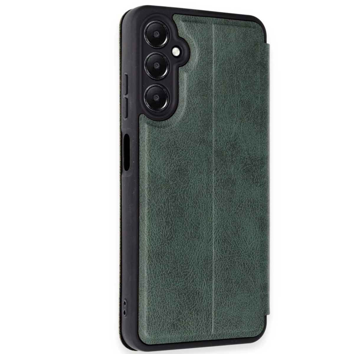 Kamera kesimli ve katlanabilir kapaklı koyu yeşil dokulu telefon kılıfı.