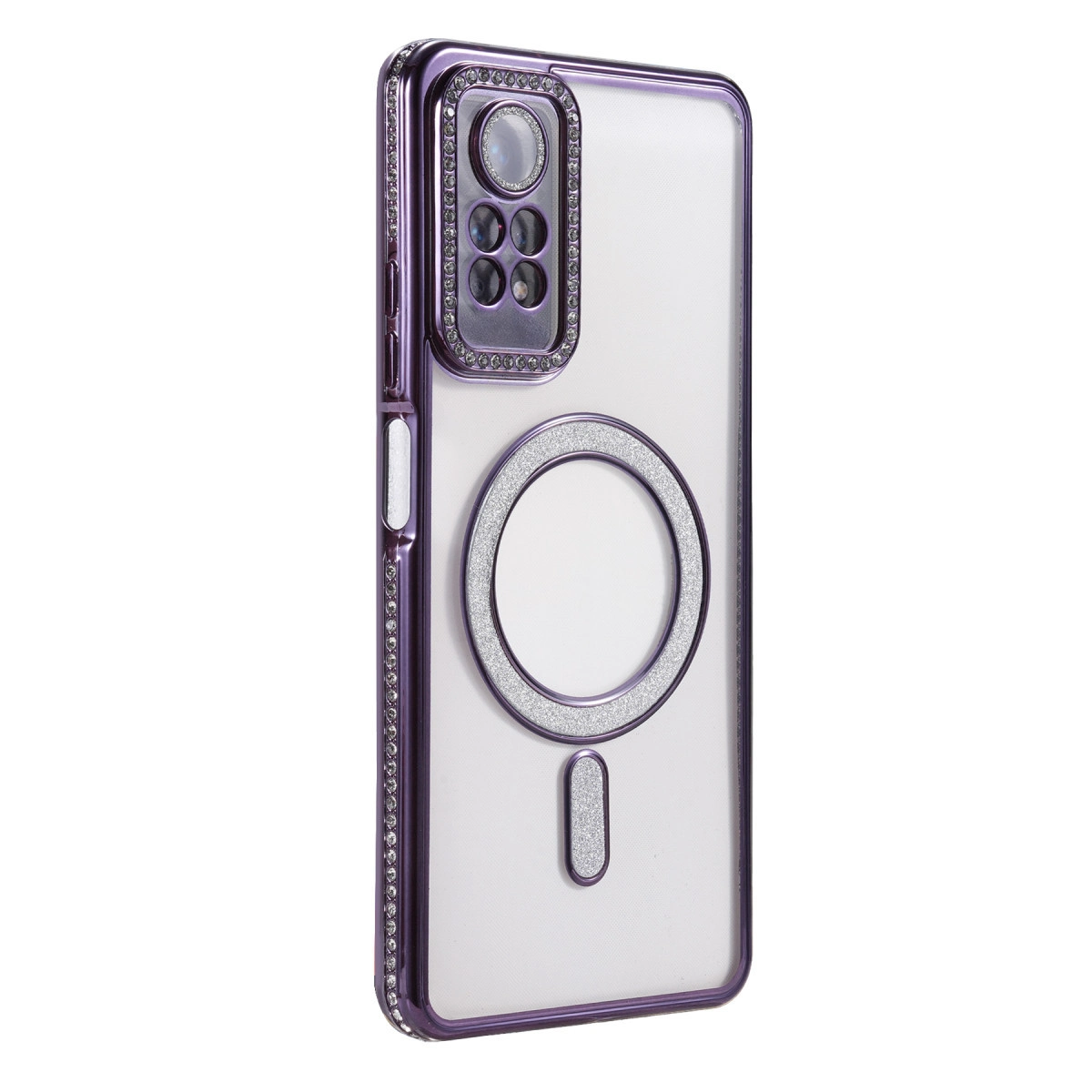 Simli detaylı, kamera halkalı ve manyetik halkalı mor telefon kılıfı.