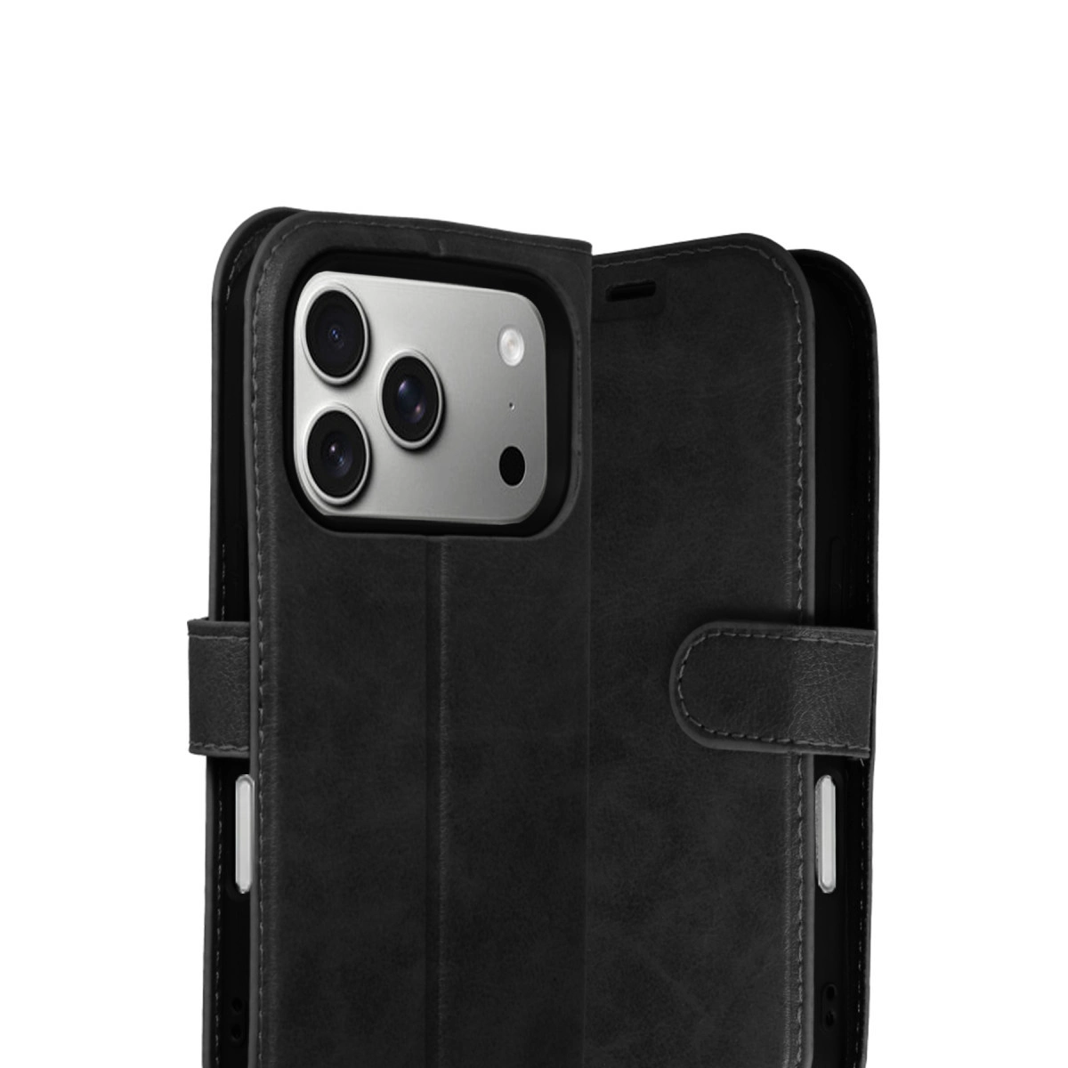 Üç kamera lensi ve flaşı gösteren siyah deri telefon kılıfı.