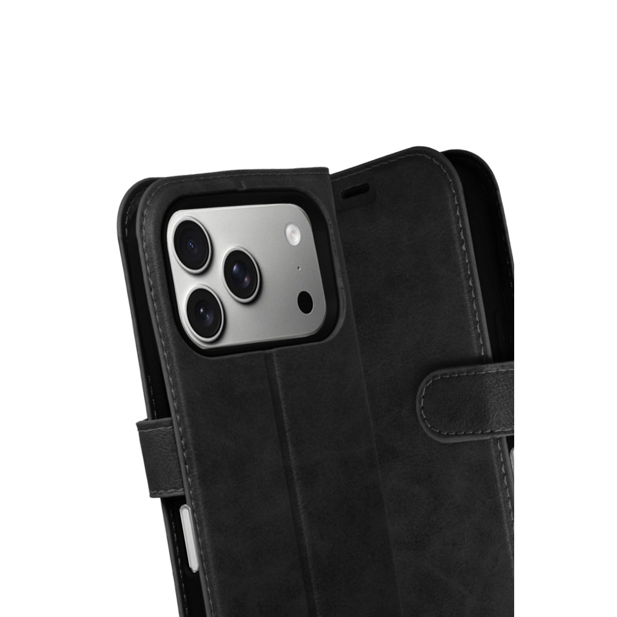 Görünür üçlü kamera sistemli siyah deri telefon kılıfı.