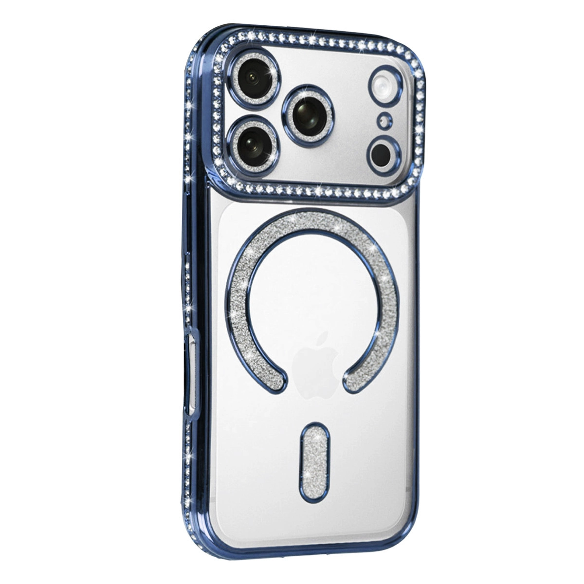 Mavi kenarlı şeffaf telefon kılıfı, ışıltılı kamera halkası ve magsafe dairesi.