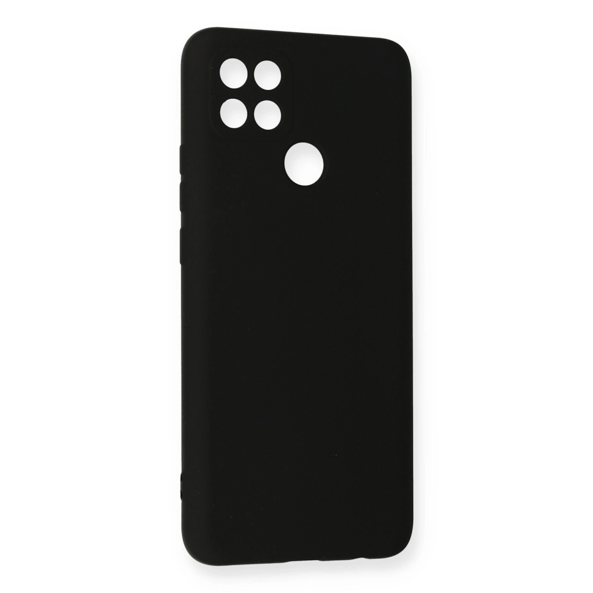 Dört kamera kesiği ve yuvarlak parmak izi sensörü kesiği olan siyah telefon kılıfı.