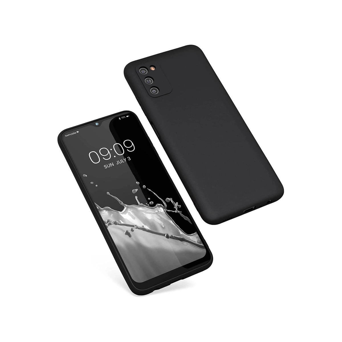 Beyaz arka plan üzerinde siyah bir akıllı telefon ve kılıfı gösteriliyor.