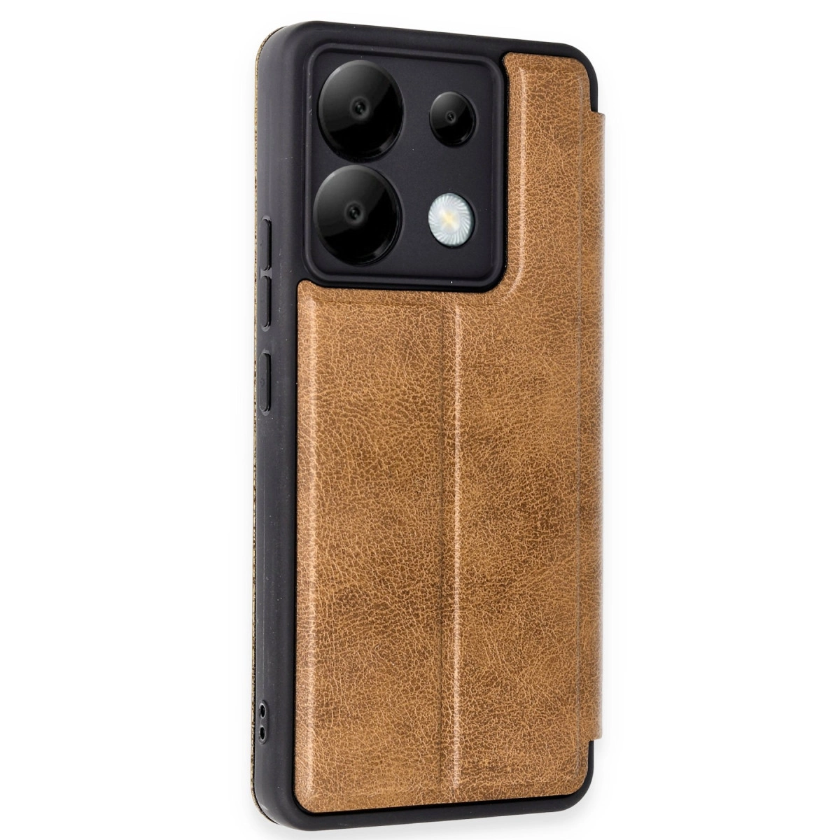 Arka kamera lensli, kahverengi, deri dokulu telefon kılıfı.