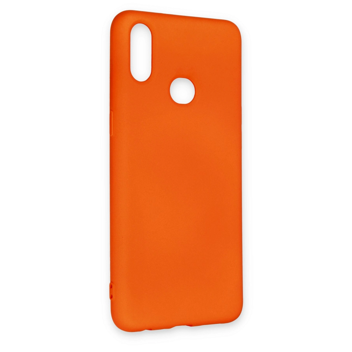 Kamera ve flaş için kesikleri olan turuncu telefon kılıfı.