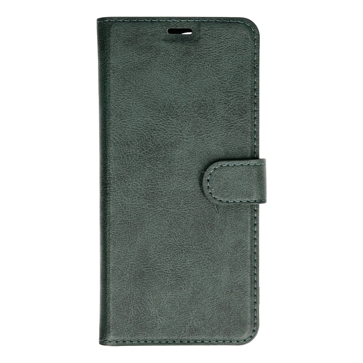Koyu yeşil deri telefon kılıfı, dikey, çıtçıtlı kapaklı ve dikişli.