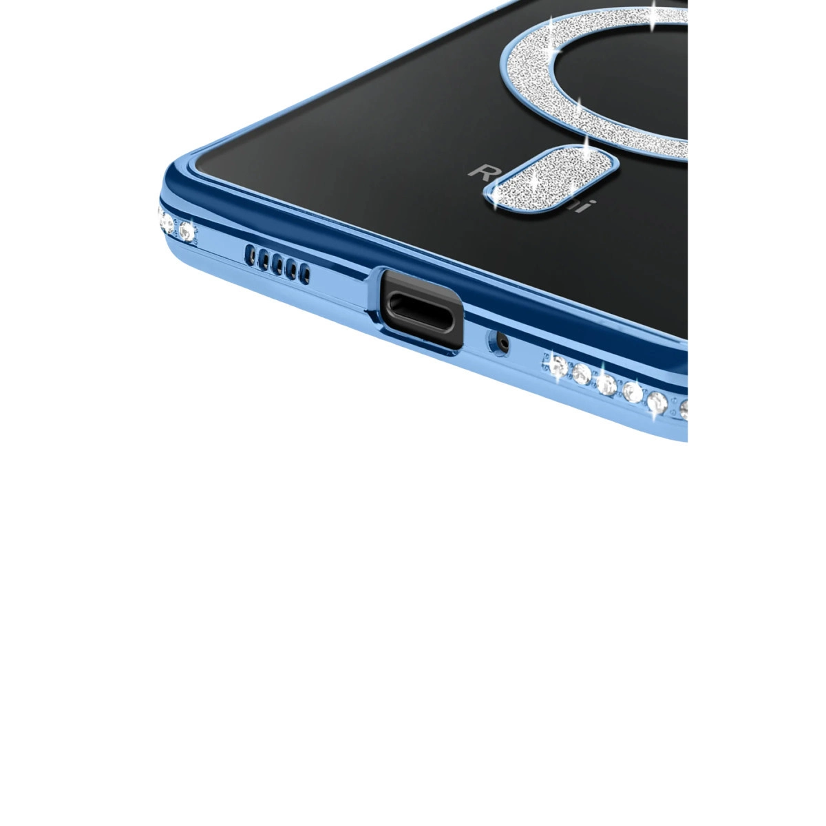 Sim detaylı mavi telefon kılıfı ve şarj portu.