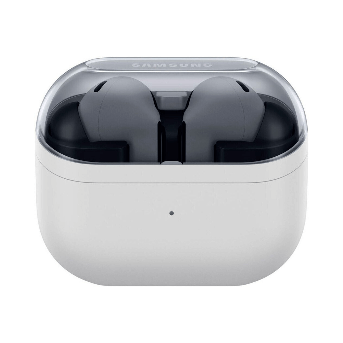 Auricolari Samsung bianchi in custodia con coperchio trasparente su sfondo bianco.