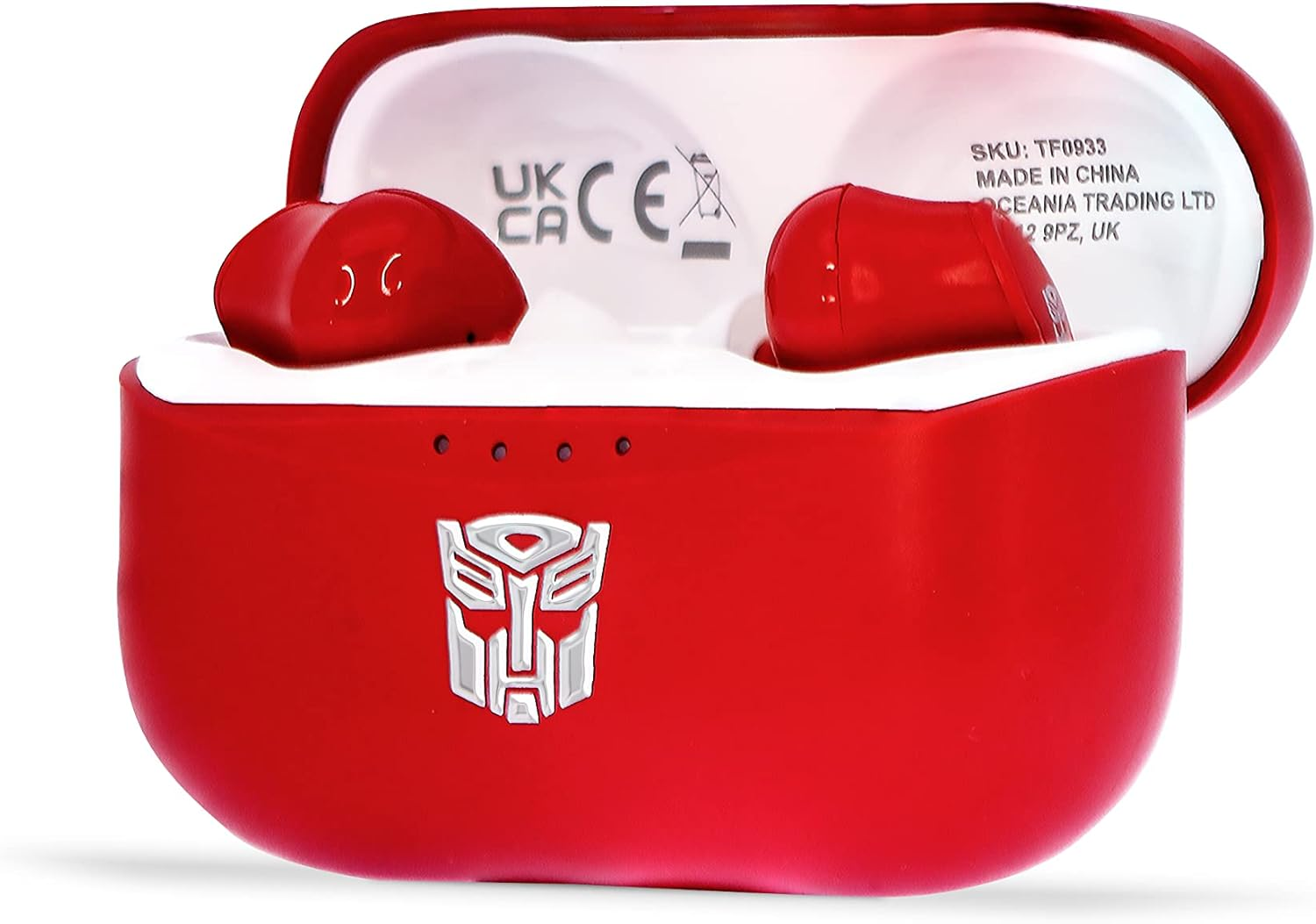 Custodia di ricarica rossa con logo Transformers e due auricolari rossi.