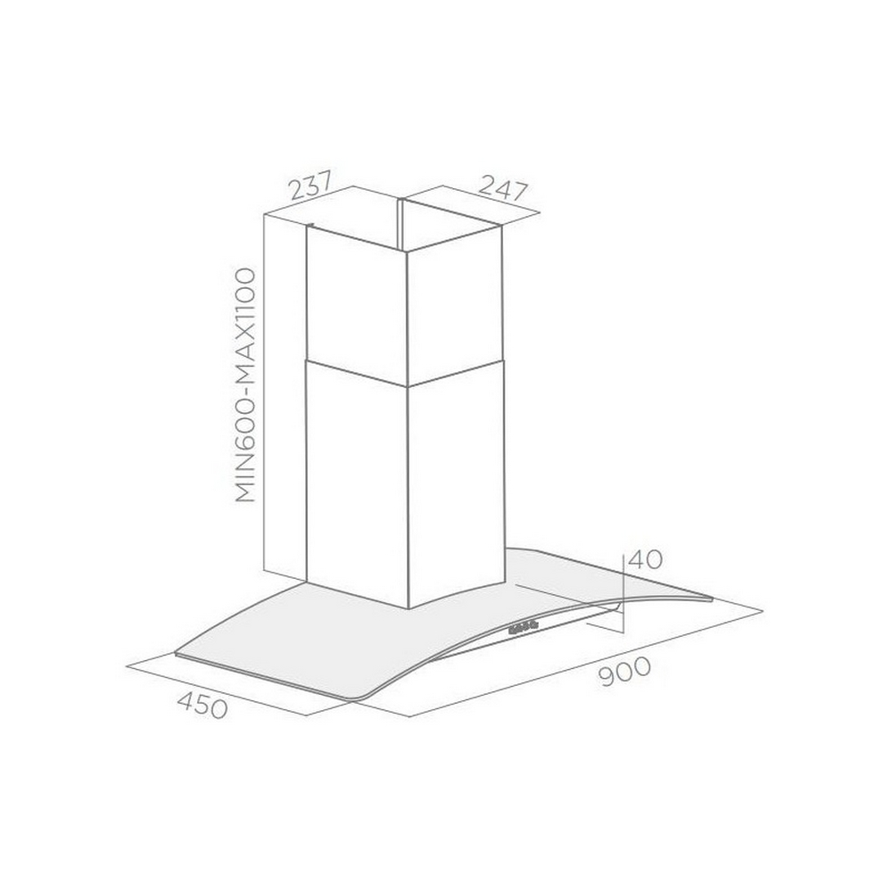 Disegno tecnico di una cappa aspirante con dimensioni.
