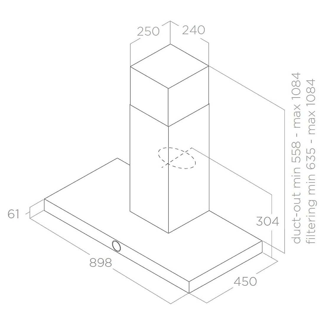 Disegno tecnico di una cappa da cucina con dimensioni.