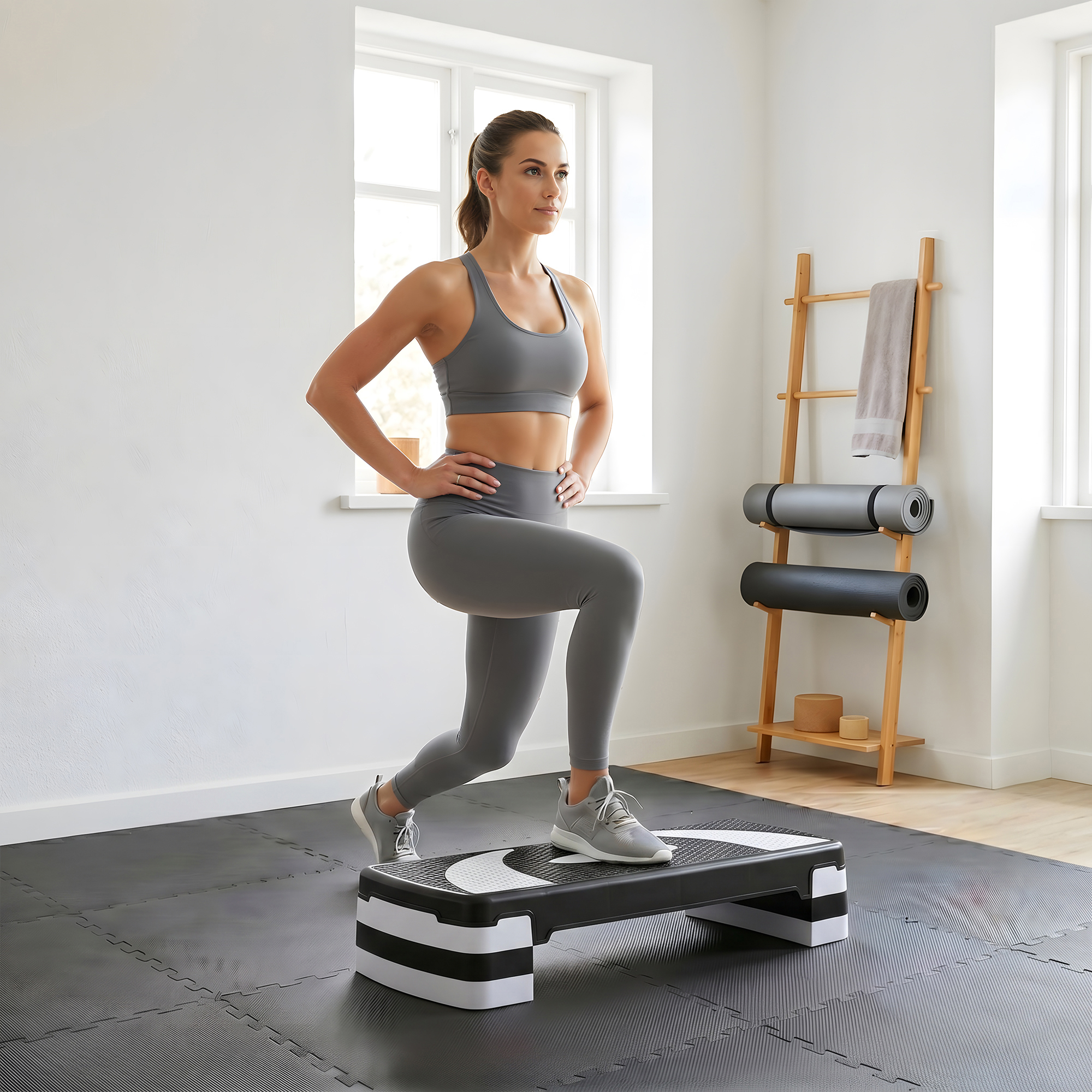 Mujer con ropa deportiva gris hace una zancada en una plataforma de fitness.