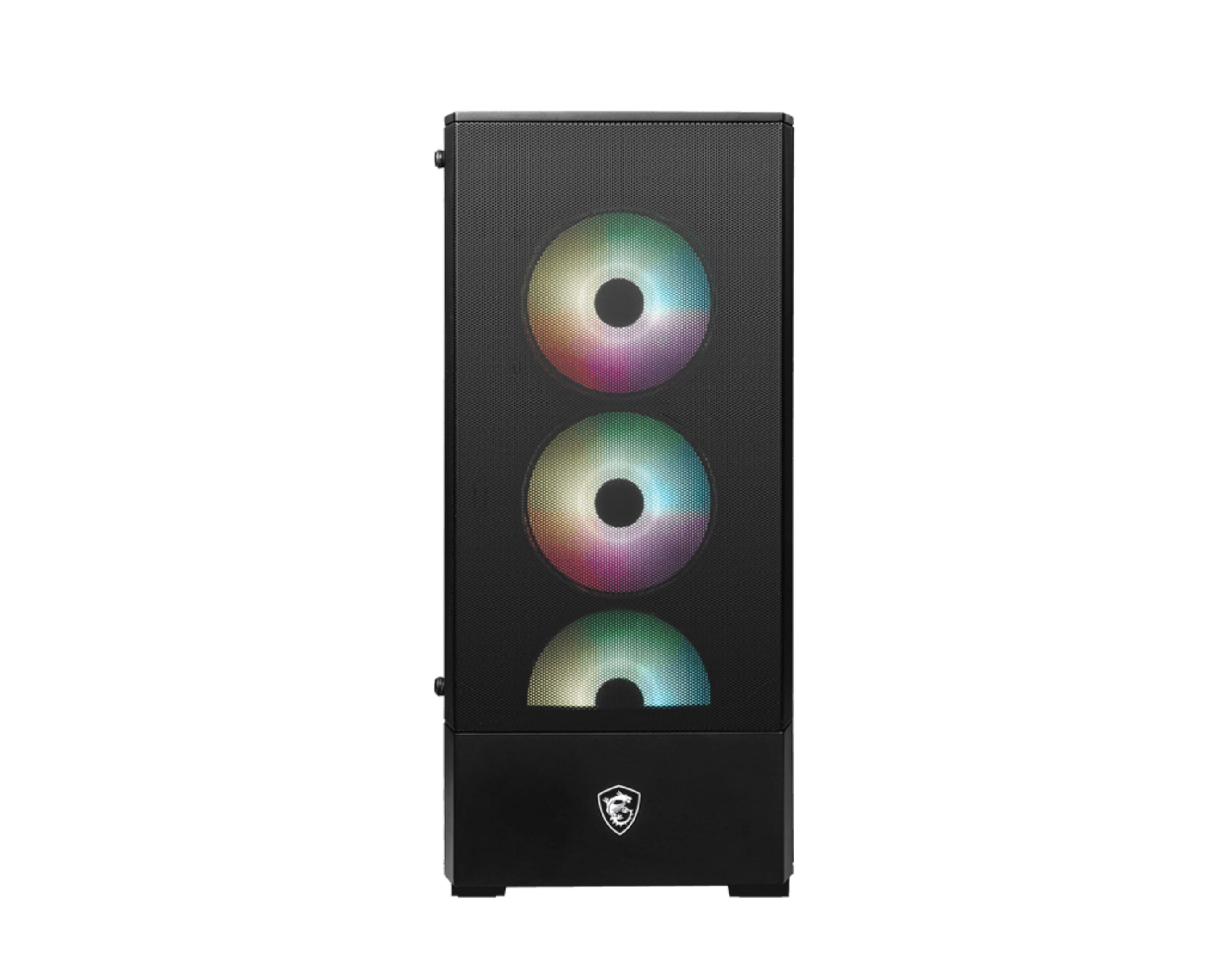 Schwarzes PC-Gehäuse mit drei RGB-Lüftern und einem Logo.