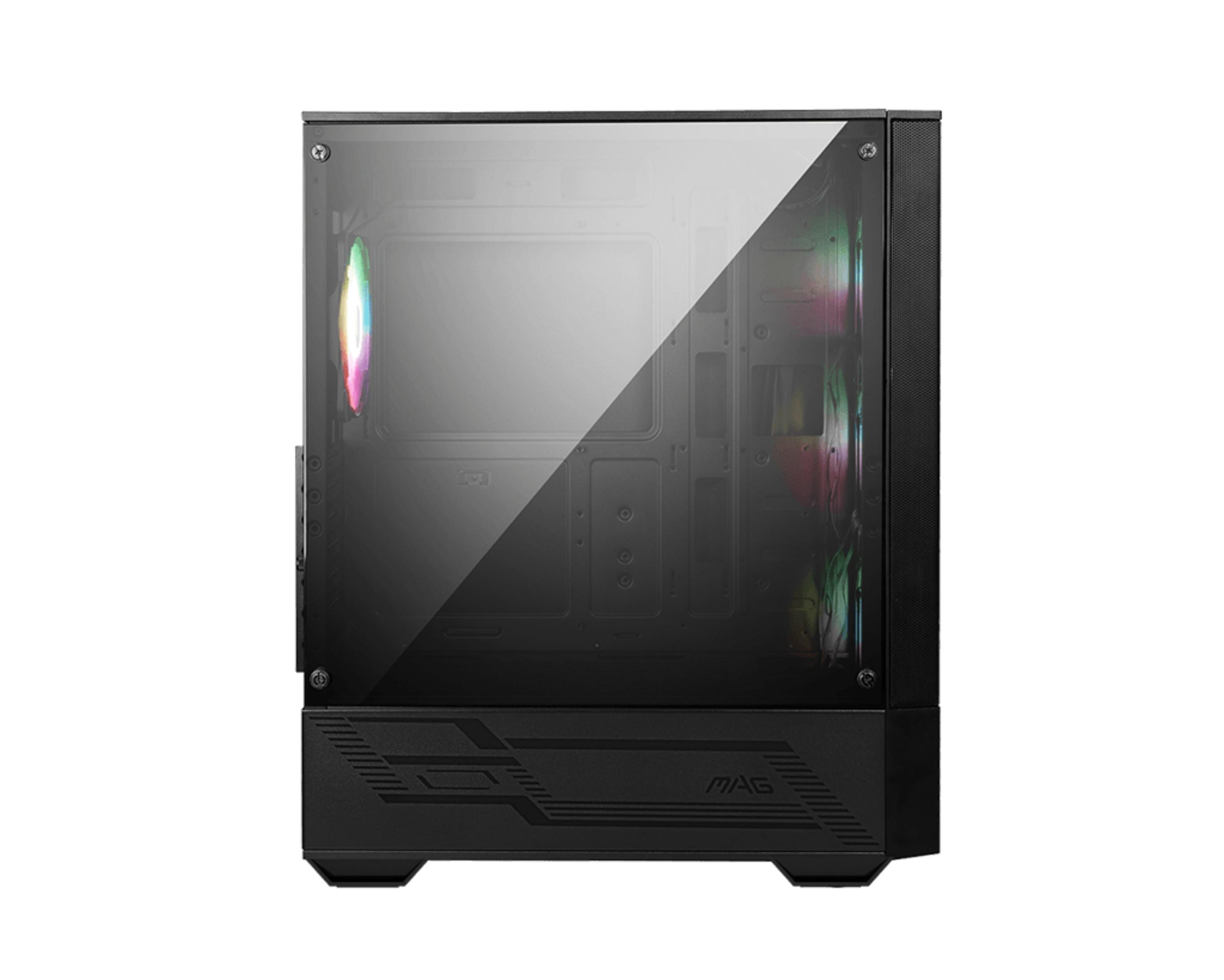 Schwarzes PC-Gehäuse mit Glasfenster und RGB-Lüftern.