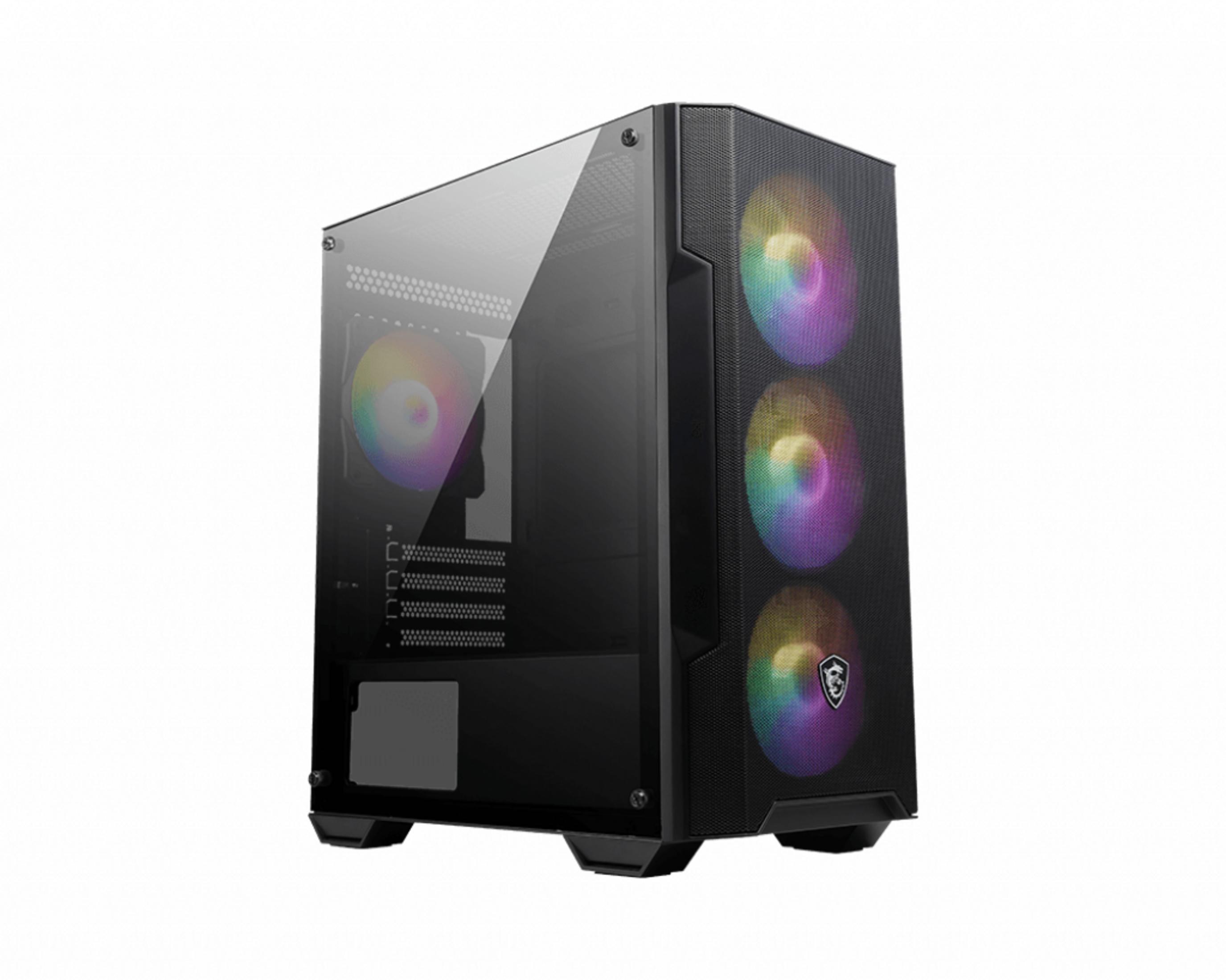 Case PC nero con frontale in vetro e ventole RGB. Sfondo bianco.