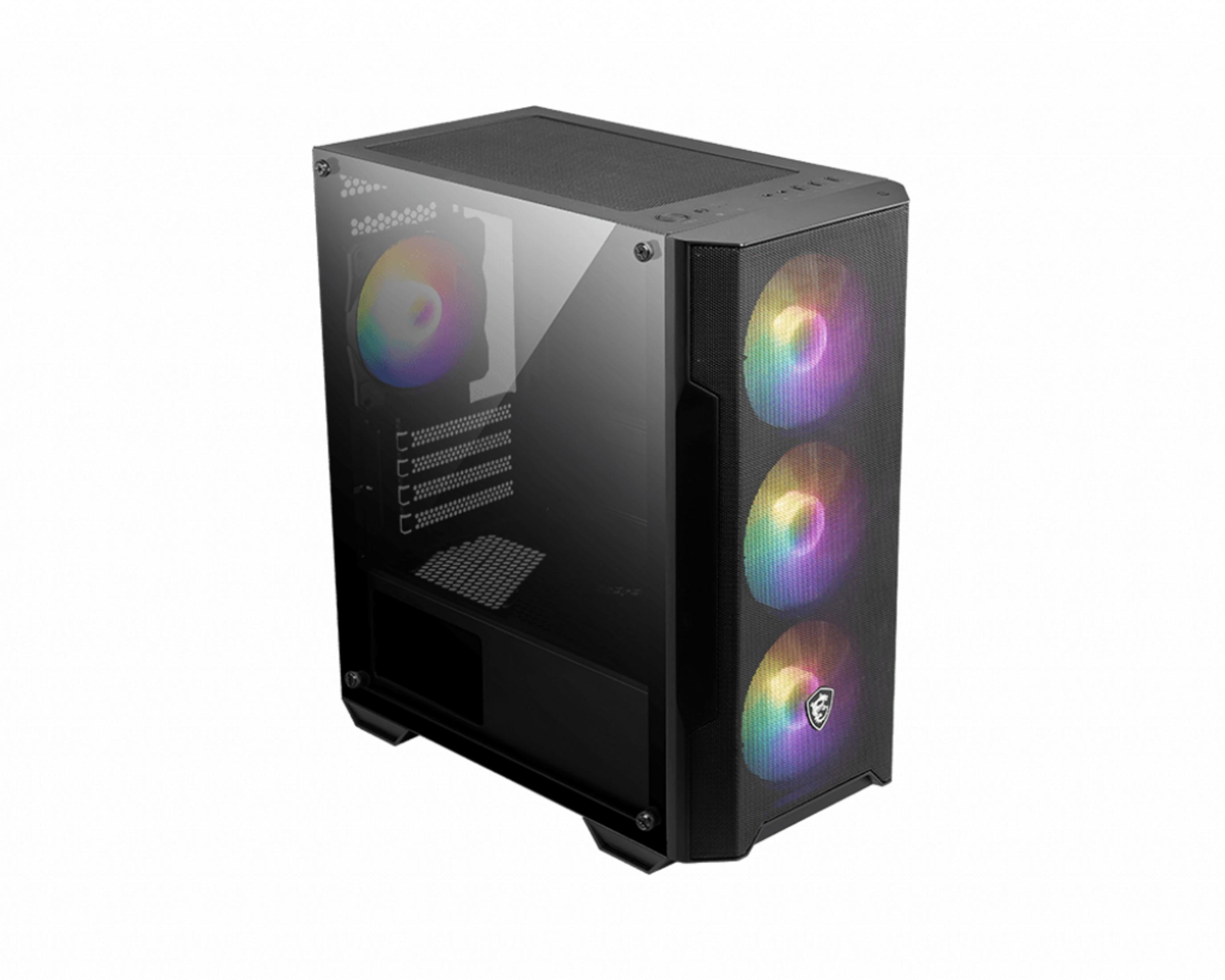 Case PC nero con lato in vetro, ventole RGB e parte superiore in mesh.