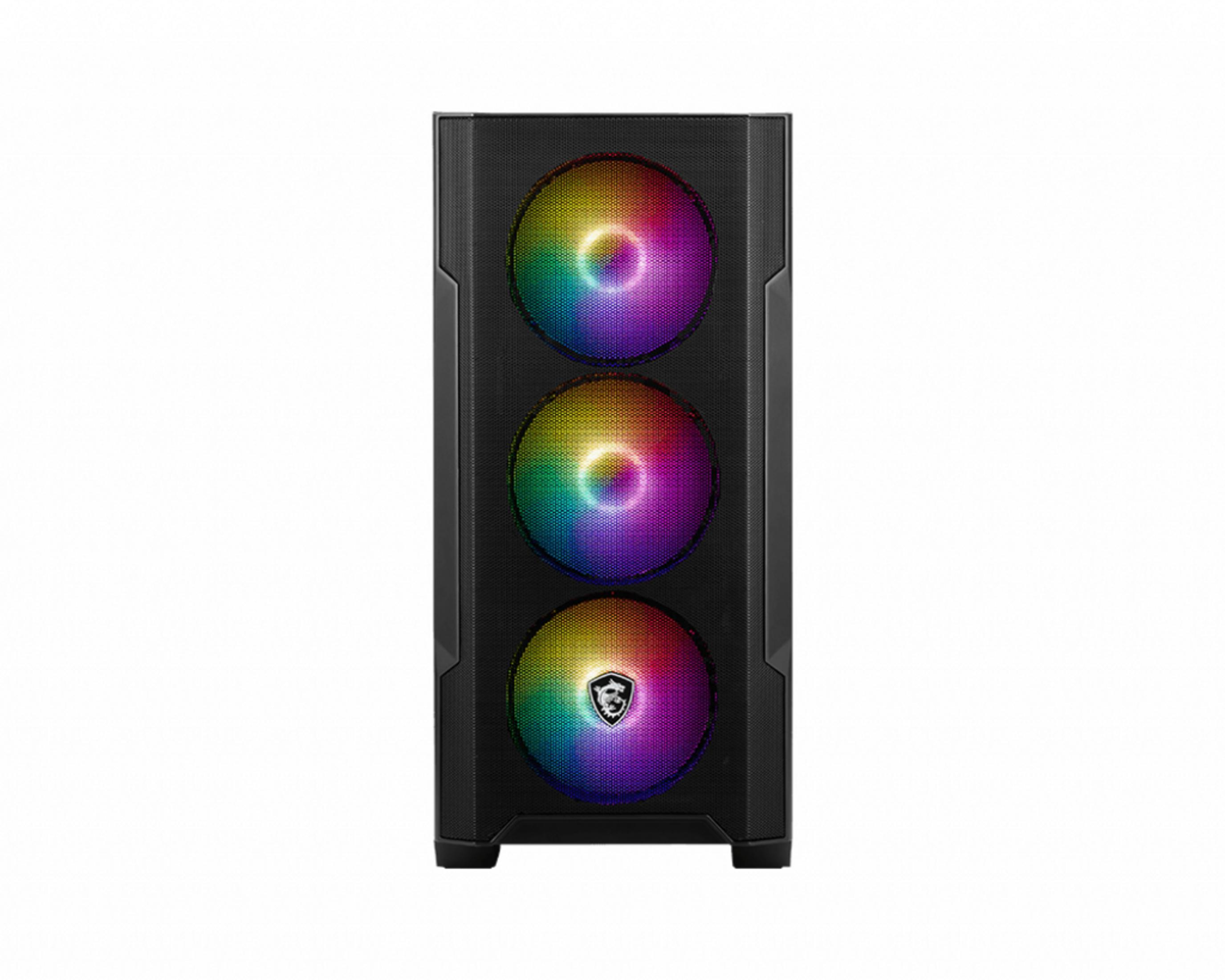 Case del computer nero con tre ventole RGB sul davanti. Logo MSI in basso.