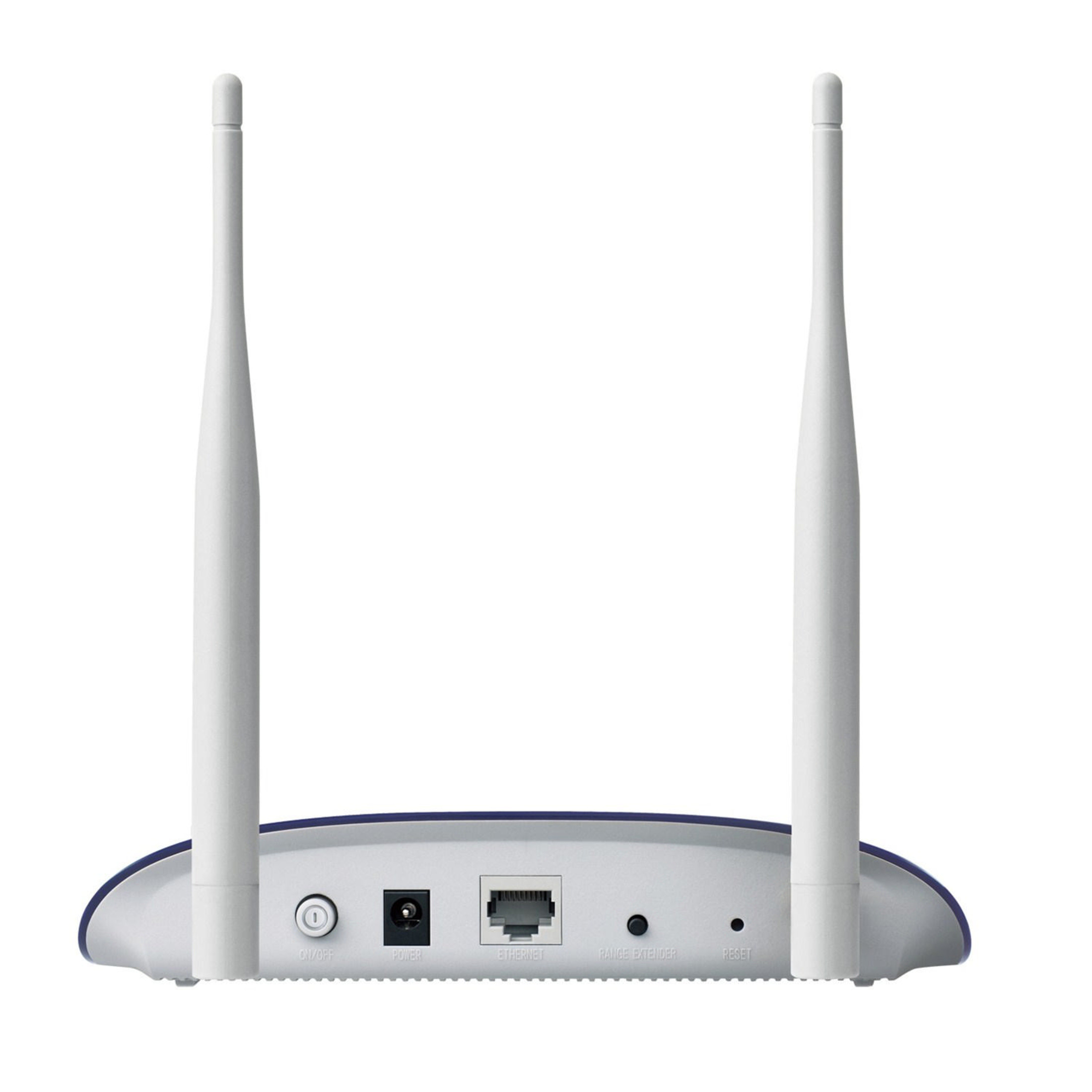 Biały router Wi-Fi z dwiema antenami i portami z tyłu.