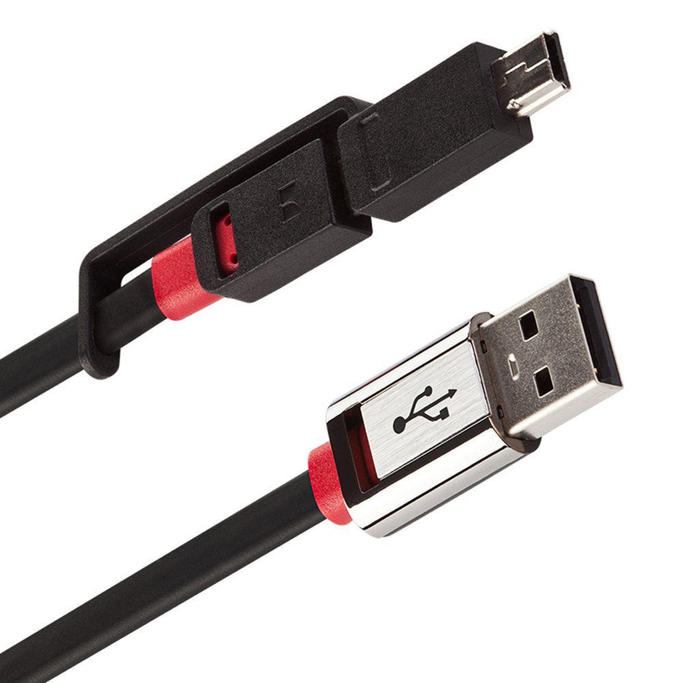 Schwarzes USB-Kabel mit roter Akzentuierung und silbernen Anschlüssen.