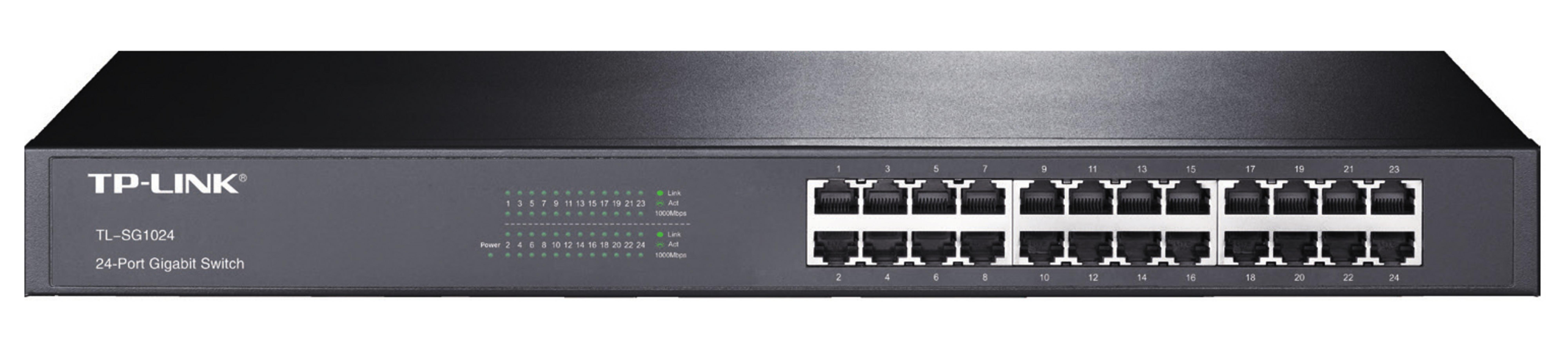 Bir siyah TP-Link 24 Port Gigabit Anahtar, çok sayıda Ethernet portu ve durum LED'i.