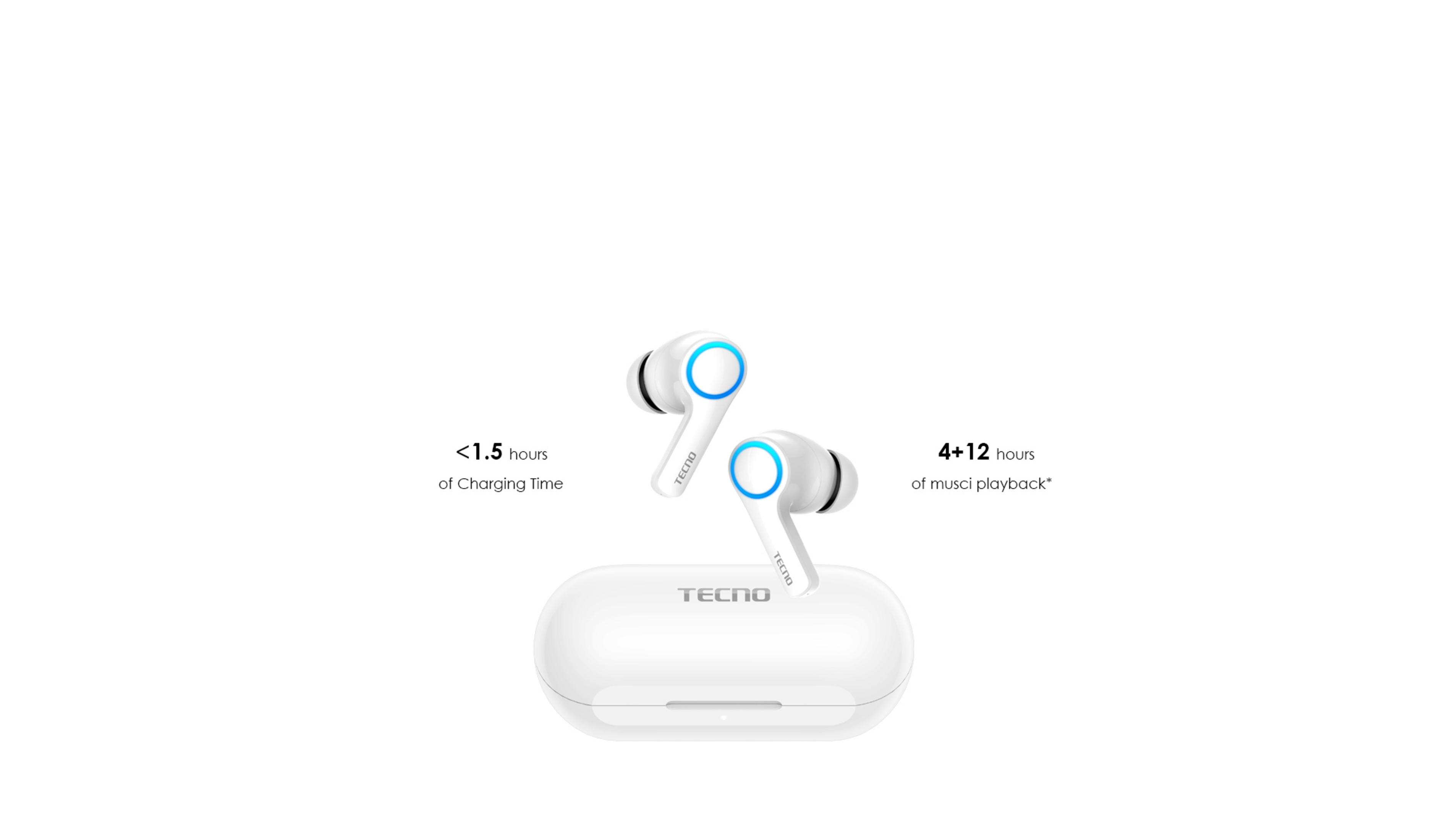 Mavi halkalı beyaz TECNO kulaklık ve şarj kutusu. Şarj süresi 1,5 saatten az.