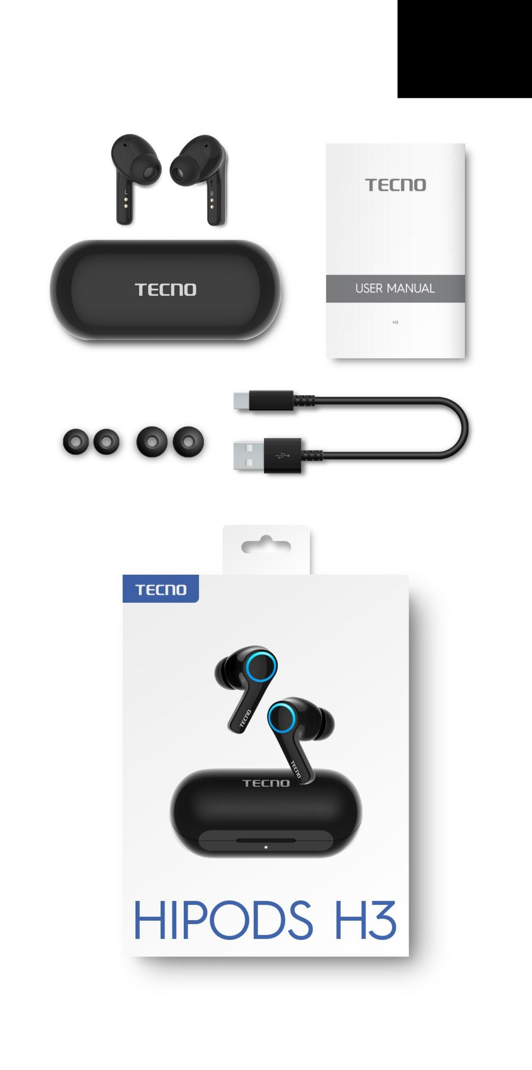 Şarj kutusu, kablo ve kılavuzlu siyah Tecno HIPODS H3 kulaklıklar.