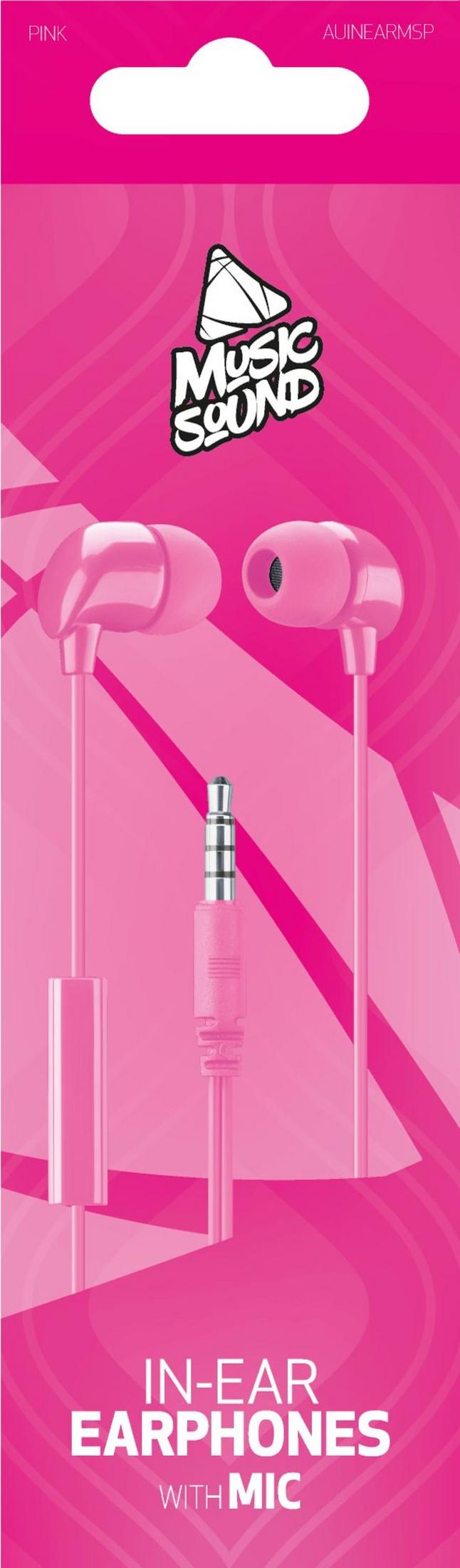 Rosa In-Ear-Kopfhörer mit Mikrofon und Klinkenstecker.