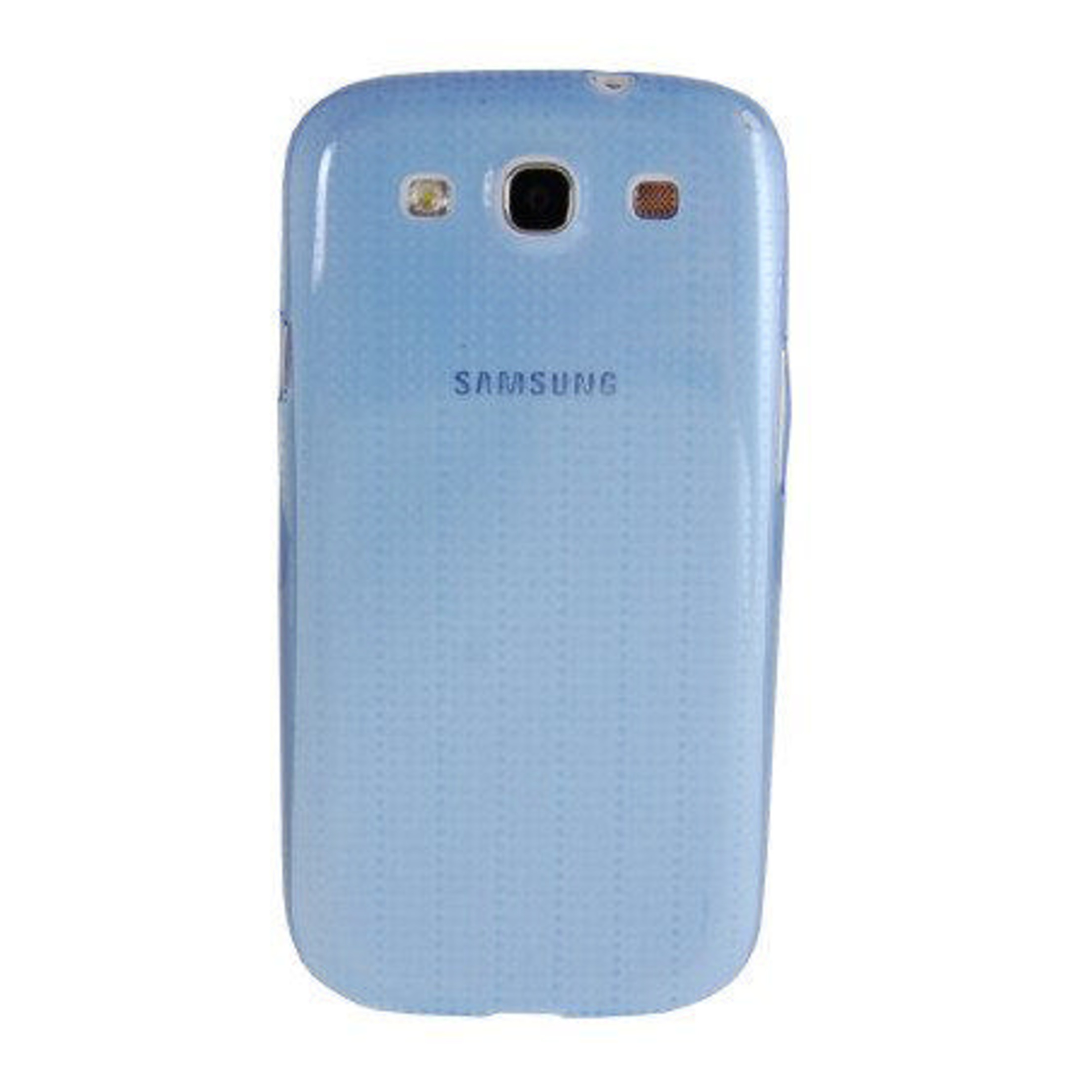 Rückseite eines hellblauen Samsung-Handys mit Kamera und Blitz.