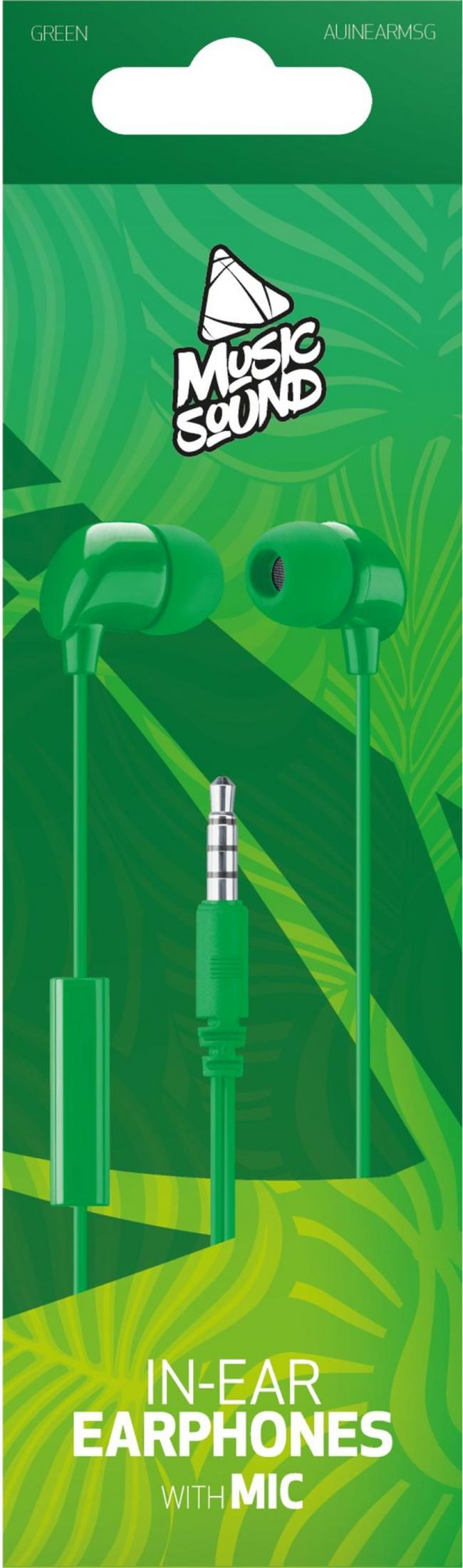 Auricolari verdi con microfono, su sfondo verde a motivi fogliati.