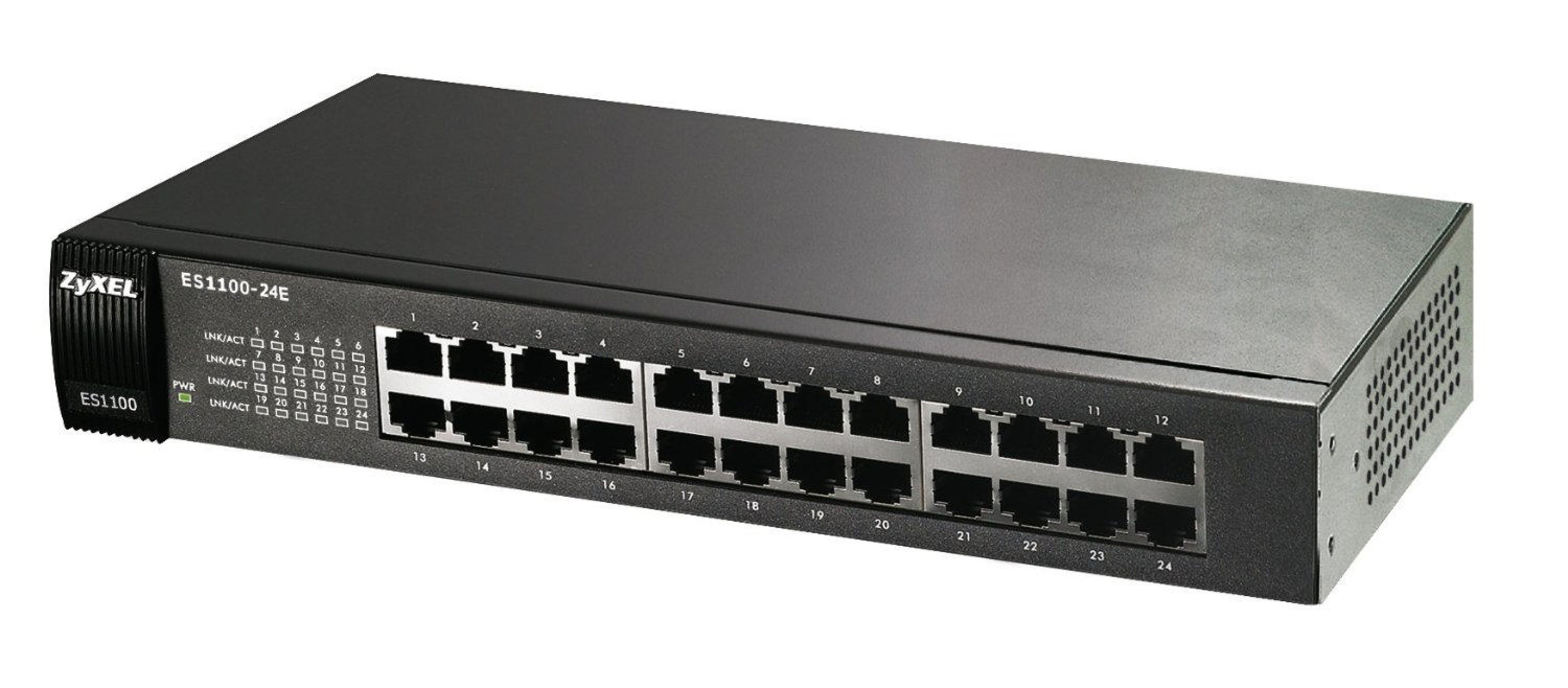 Uno switch di rete nero a 24 porte con logo ZyXEL e porte Ethernet.