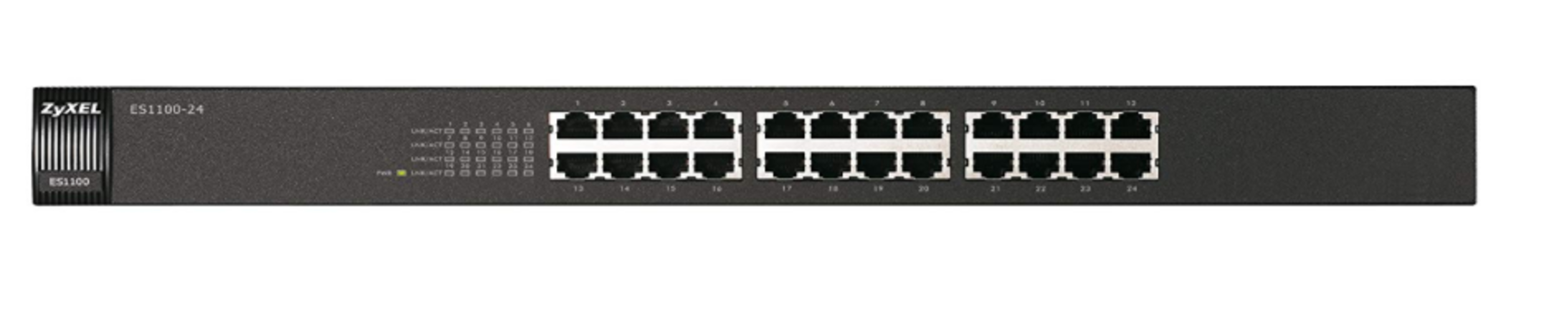 Uno switch di rete nero a 24 porte con logo ZyXEL e porte numerate.