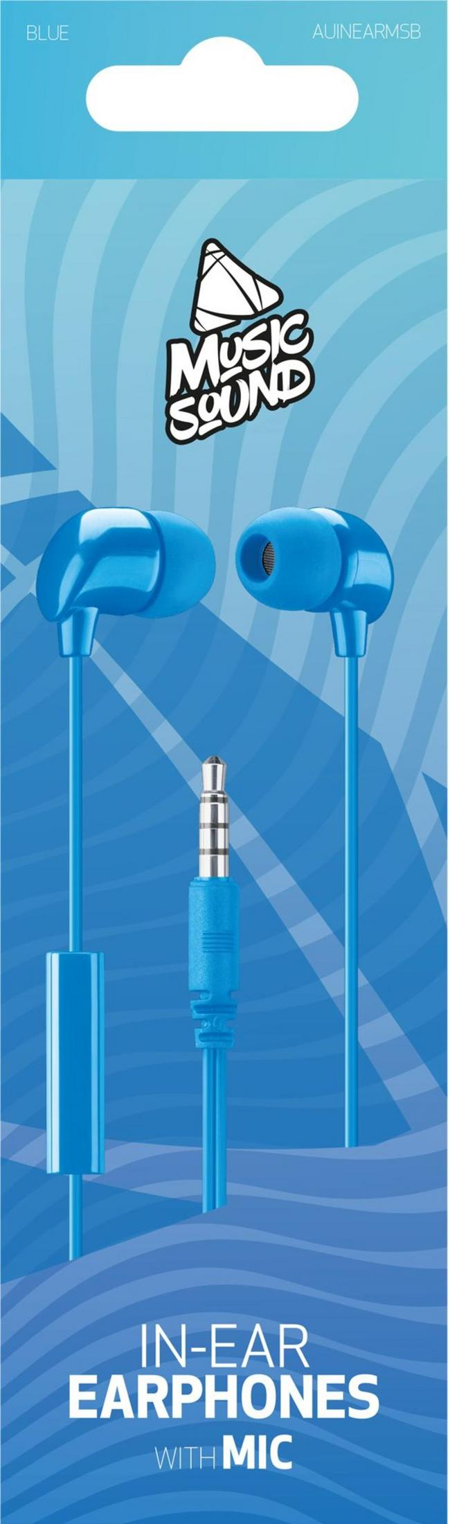 Auricolari in-ear blu con microfono e spina argentata su sfondo blu.