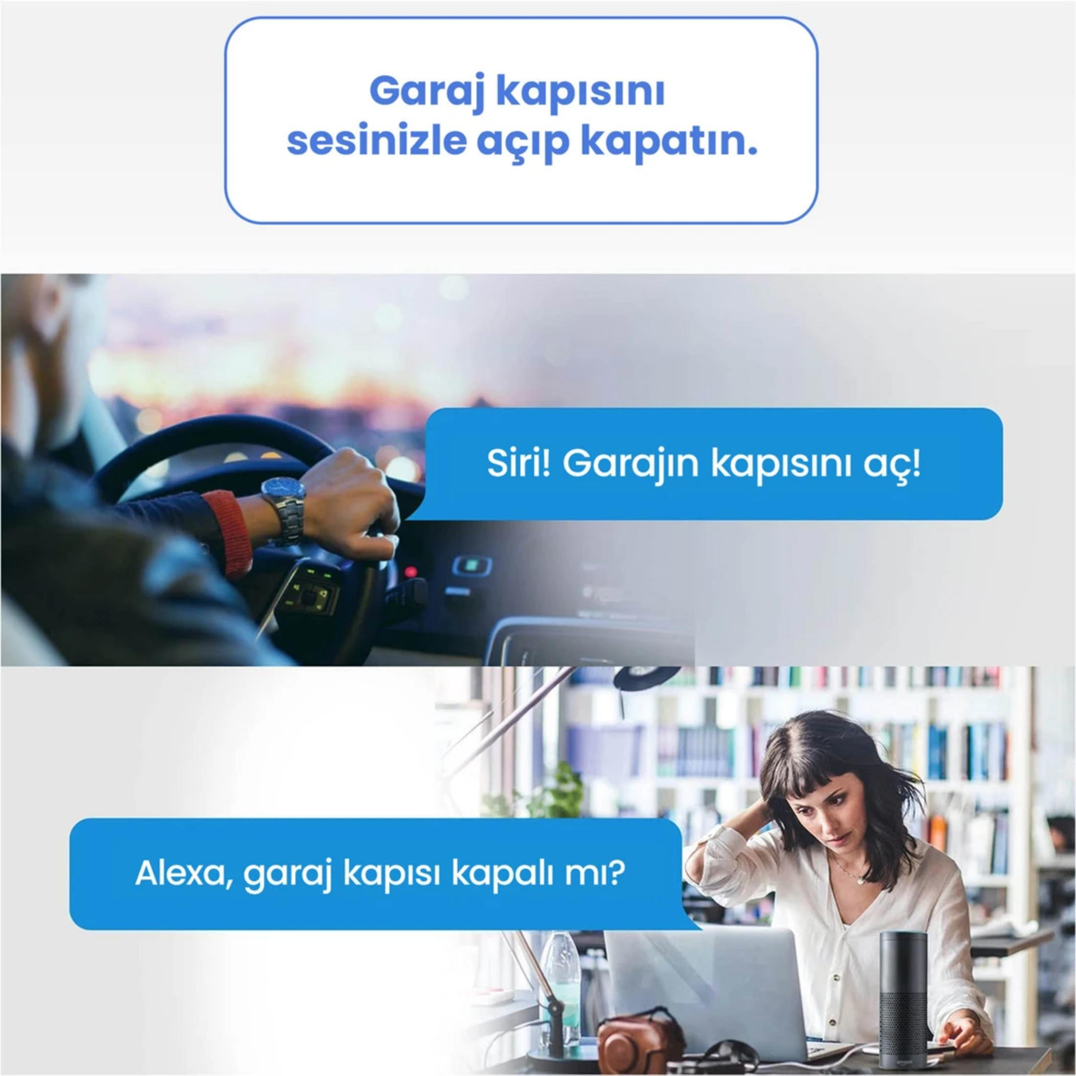 Araba süren adam, Alexa'lı kadın. Sesli garaj kapısı kontrolü.