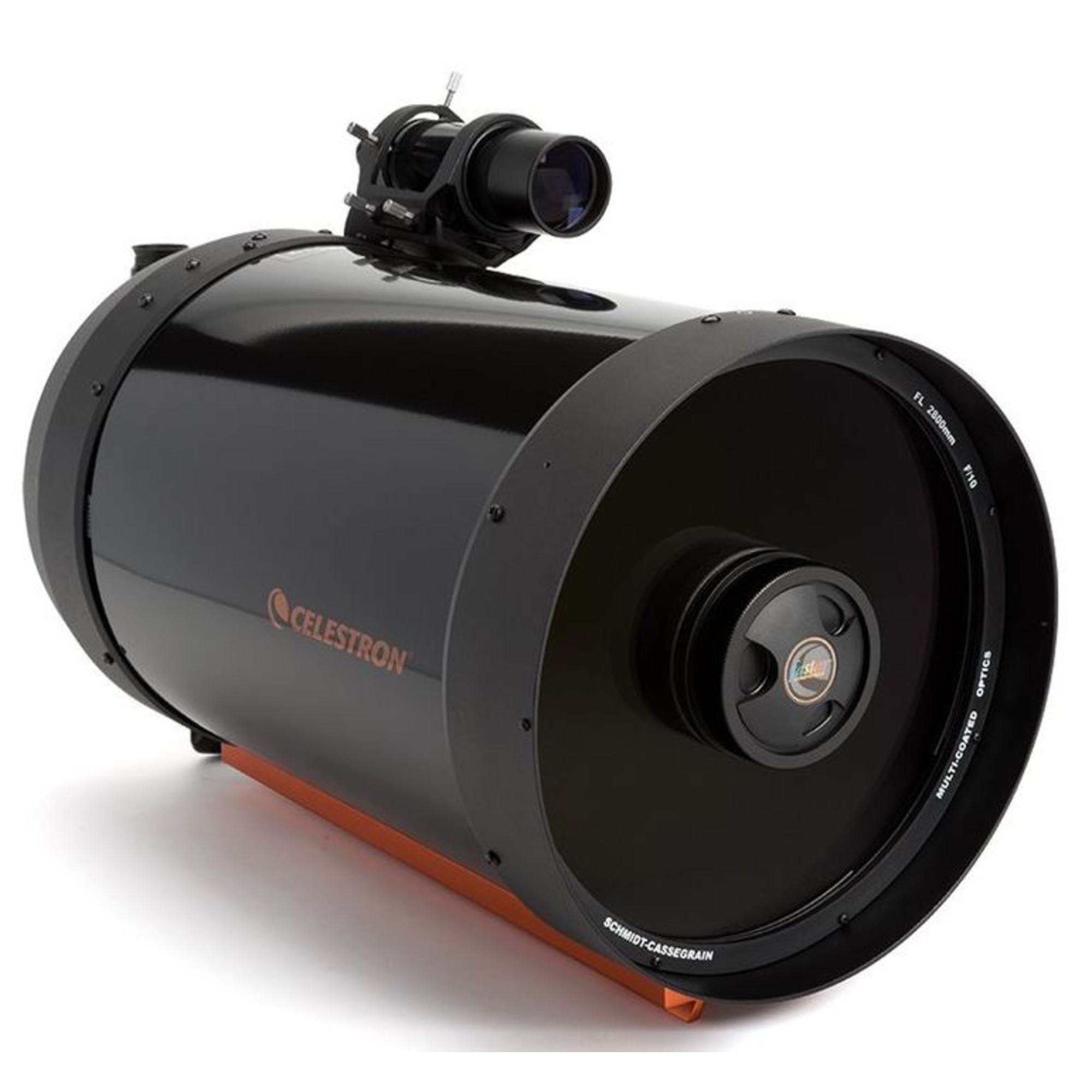 Ein schwarzes Celestron Schmidt-Cassegrain-Teleskop mit orangefarbener Halterung.