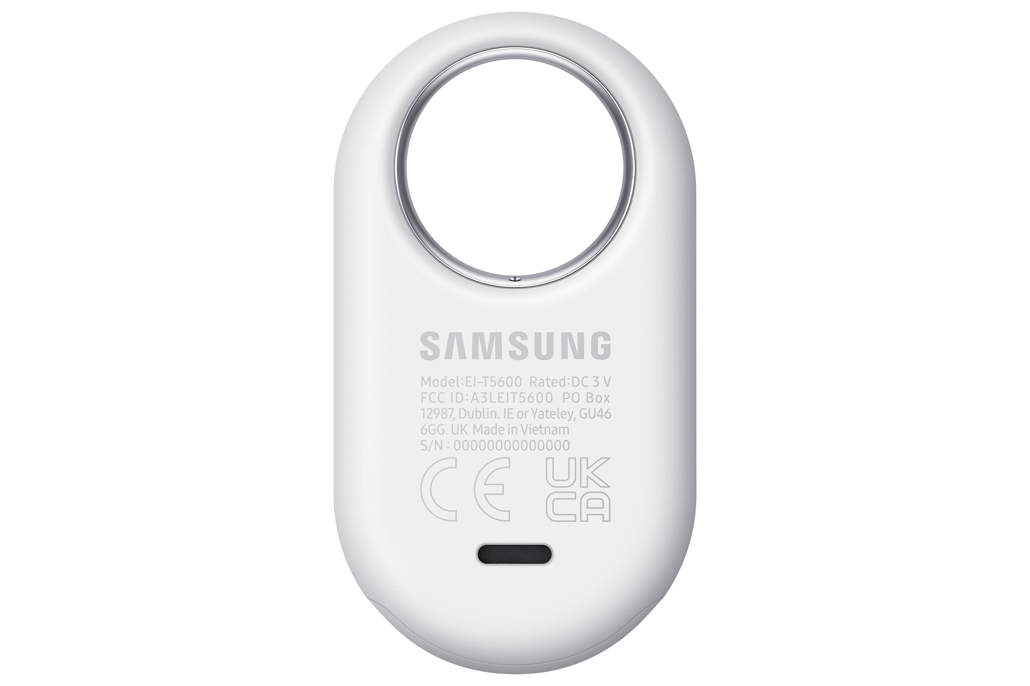 Gümüş halkalı ve siyah ızgaralı beyaz Samsung ambalajı. CE/UKCA mühürleri bulunur.