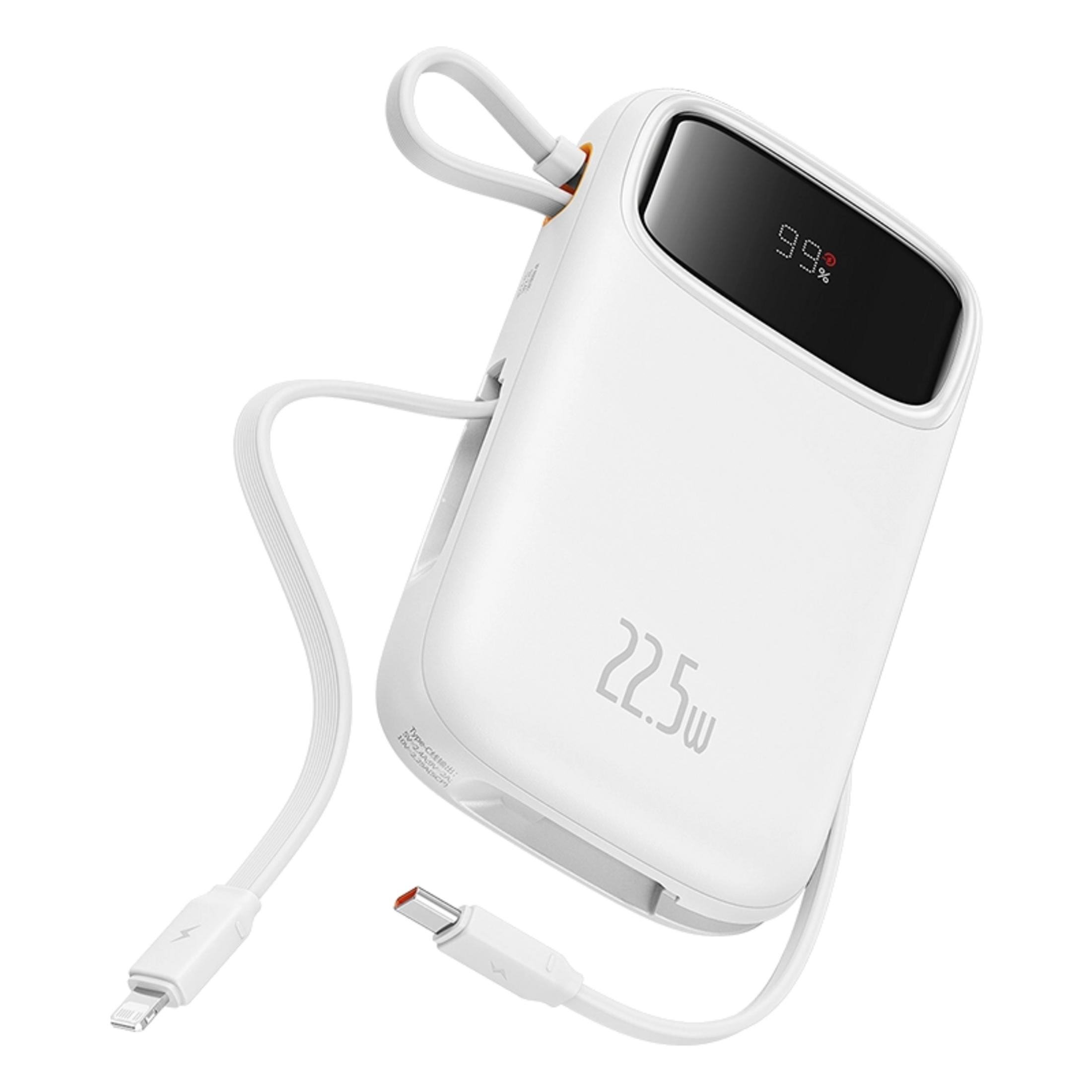 Una batería externa blanca con 99% de carga, 22,5W y cables integrados.