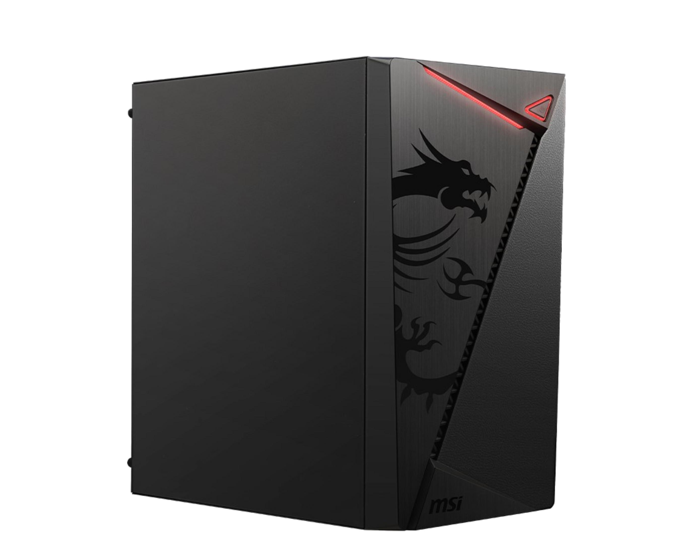 Kırmızı aydınlatmalı ve ejderha tasarımlı siyah oyuncu PC kasası.