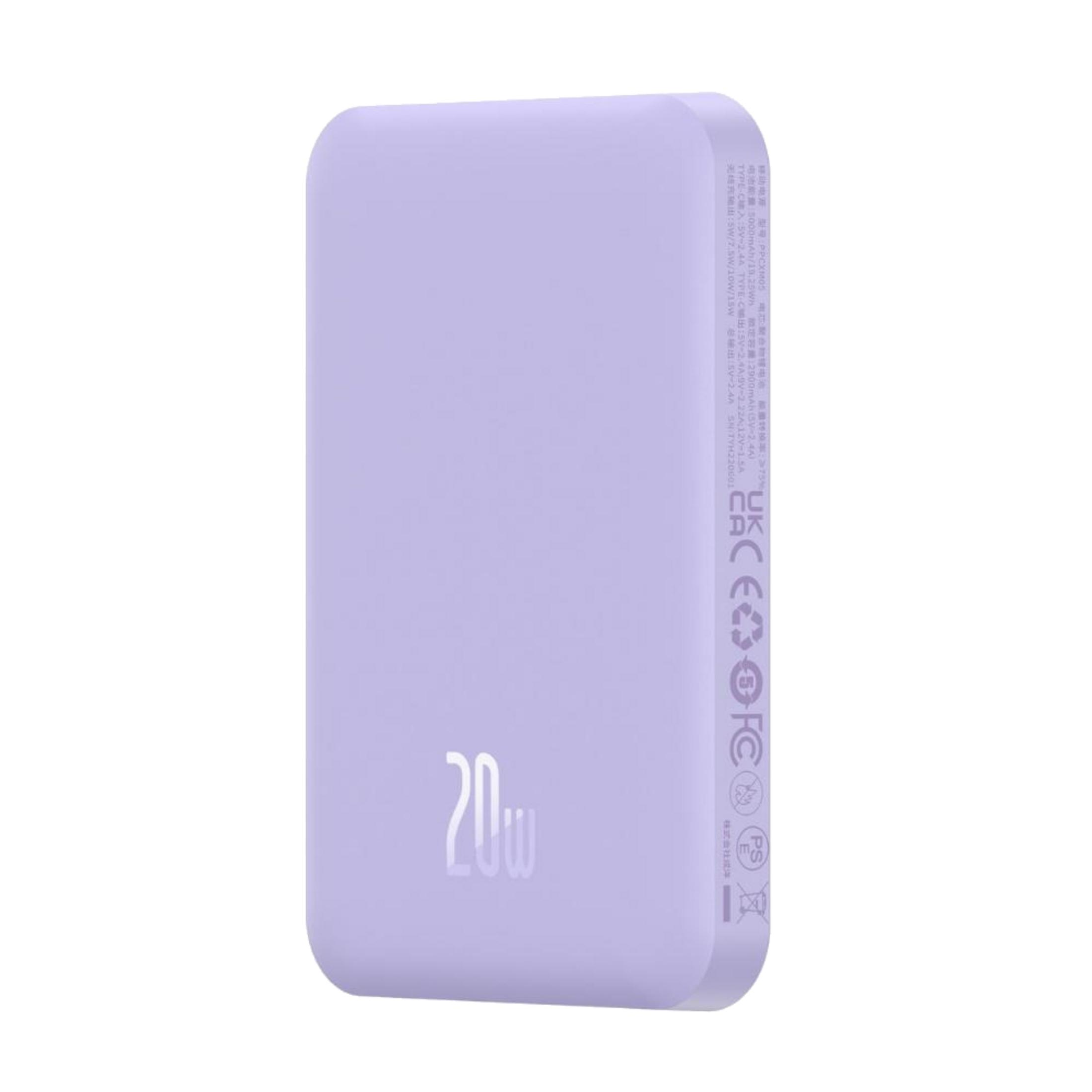 Un power bank viola con '20w' sul davanti e informazioni di ricarica.