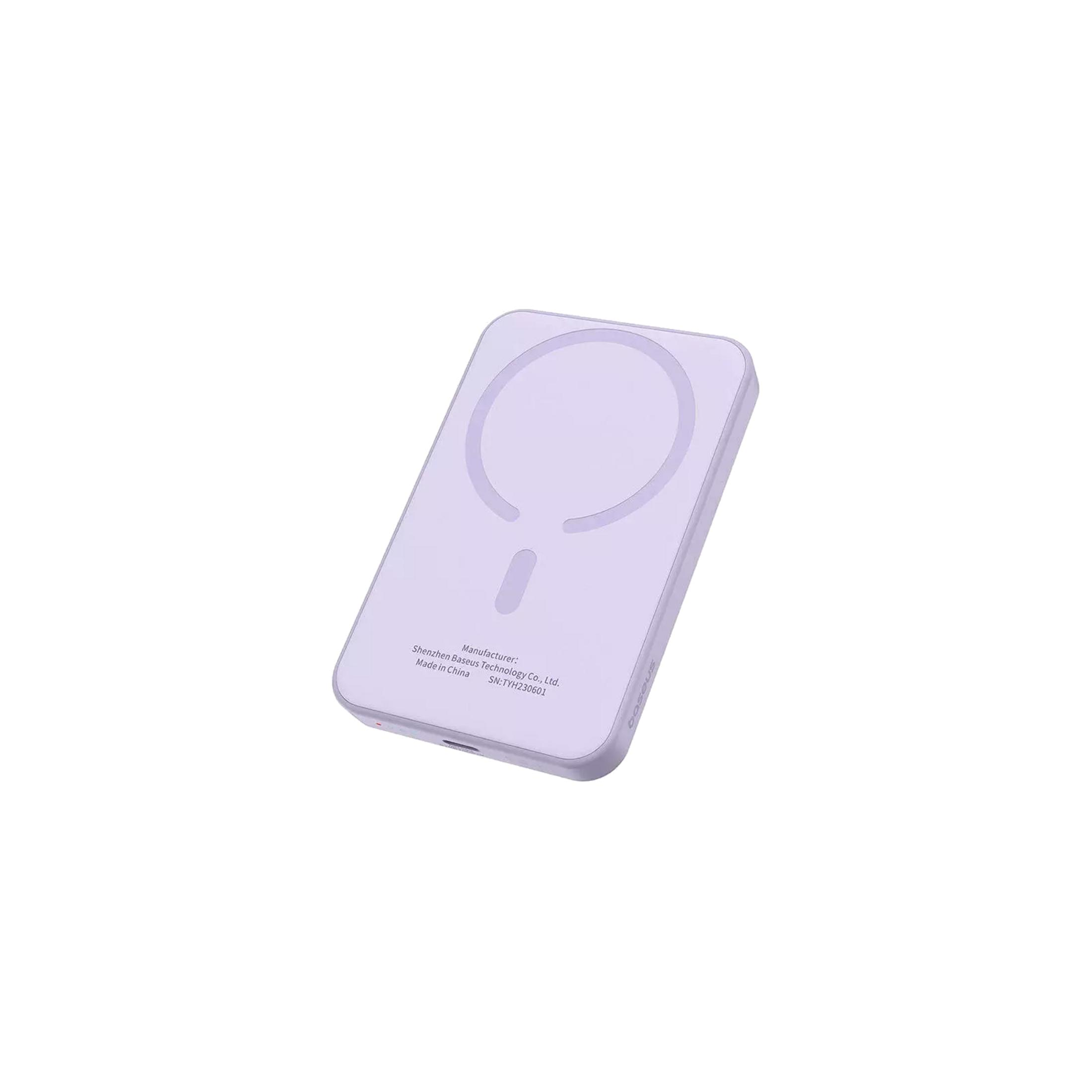 Un caricabatterie wireless viola con cerchio magnetico e dettagli del produttore.