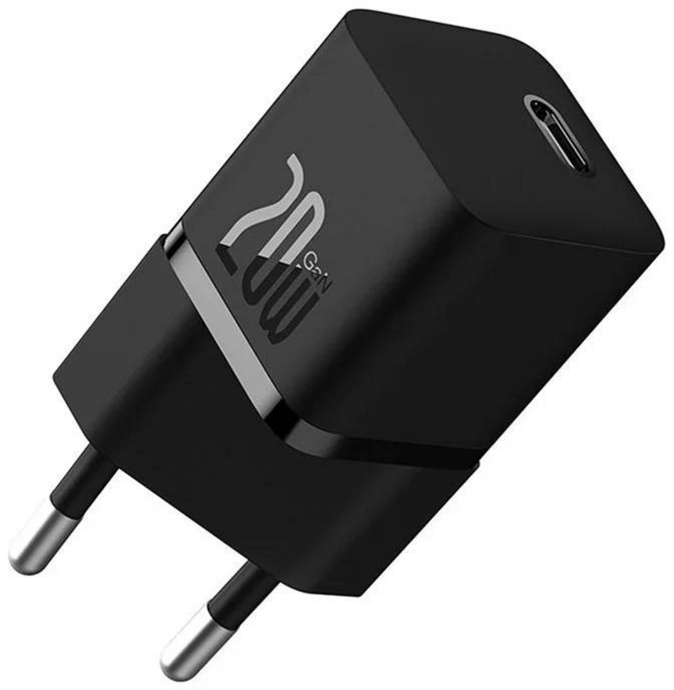 Cargador negro USB-C GaN de 20W con dos clavijas metálicas.