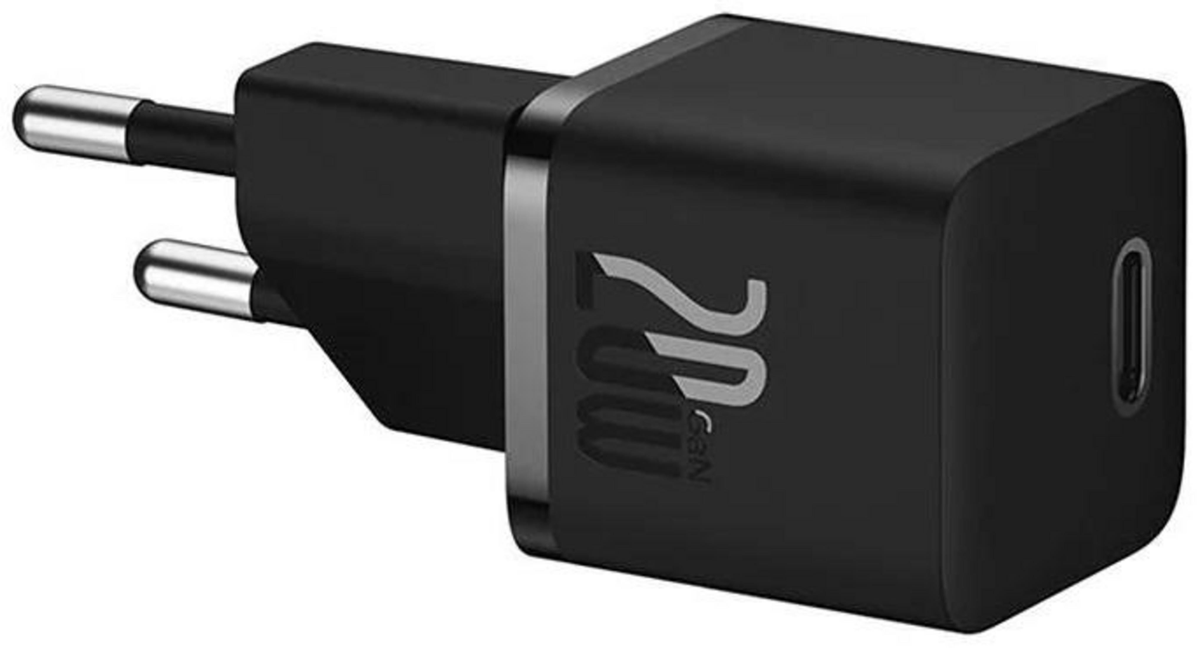 Un adaptador de corriente USB-C negro de 20W con dos clavijas metálicas.