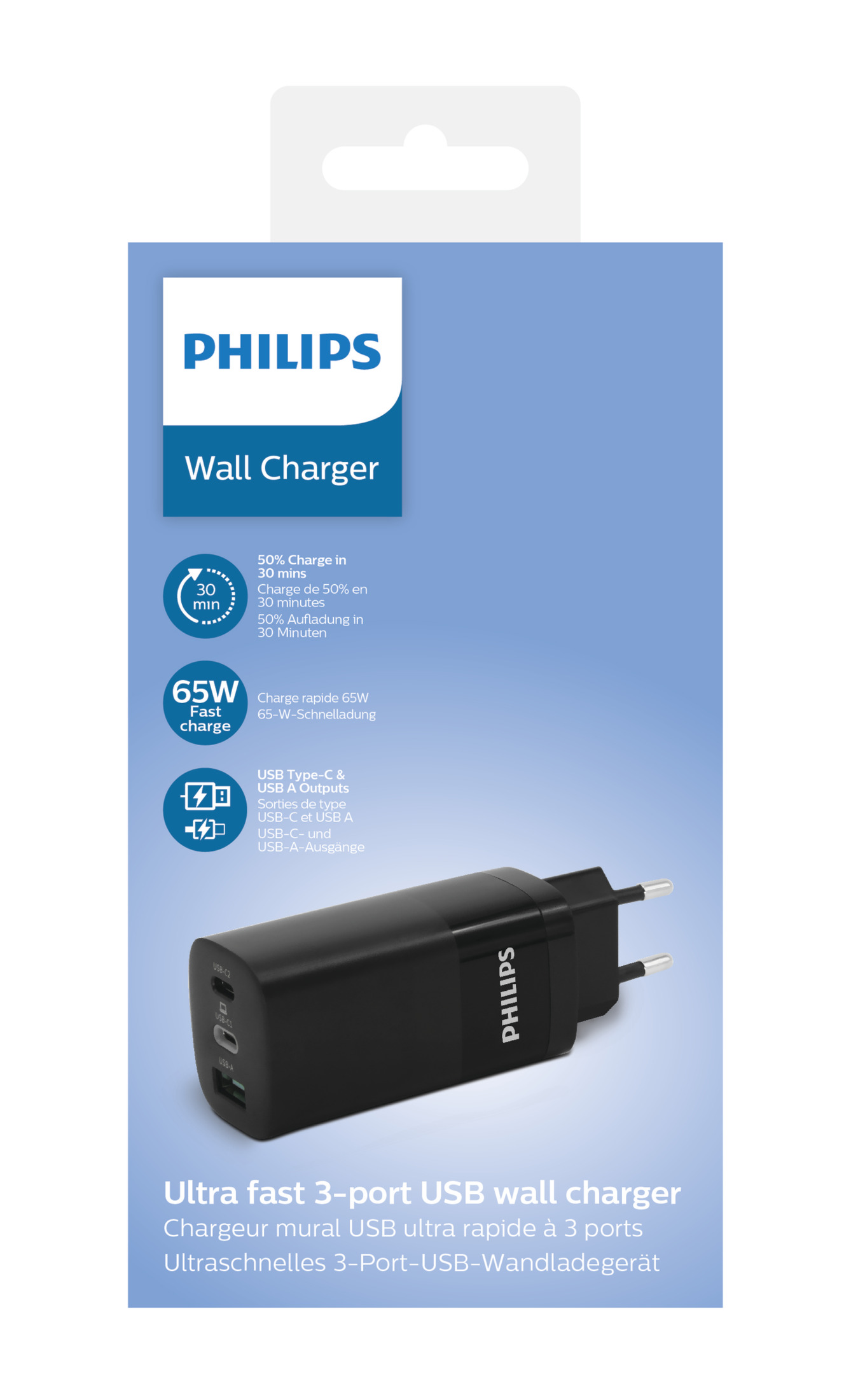 Black Philips 65W fast-charging 3-port USB wall charger.