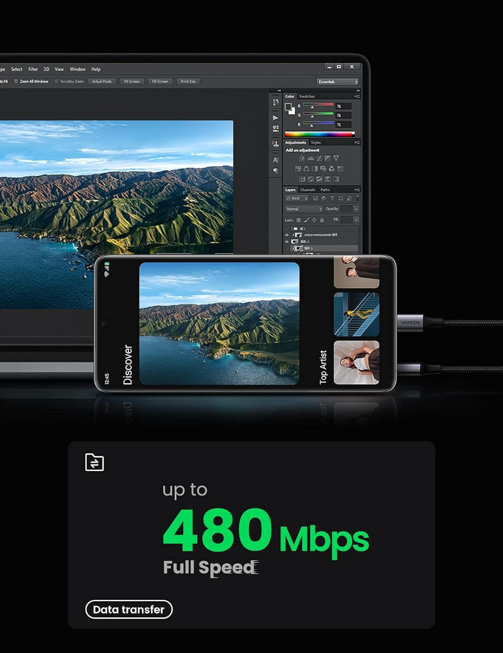 Laptop-Bildschirm zeigt Bearbeitungssoftware. Telefon zeigt Landschaftsfoto. Text: Bis zu 480 Mbps.