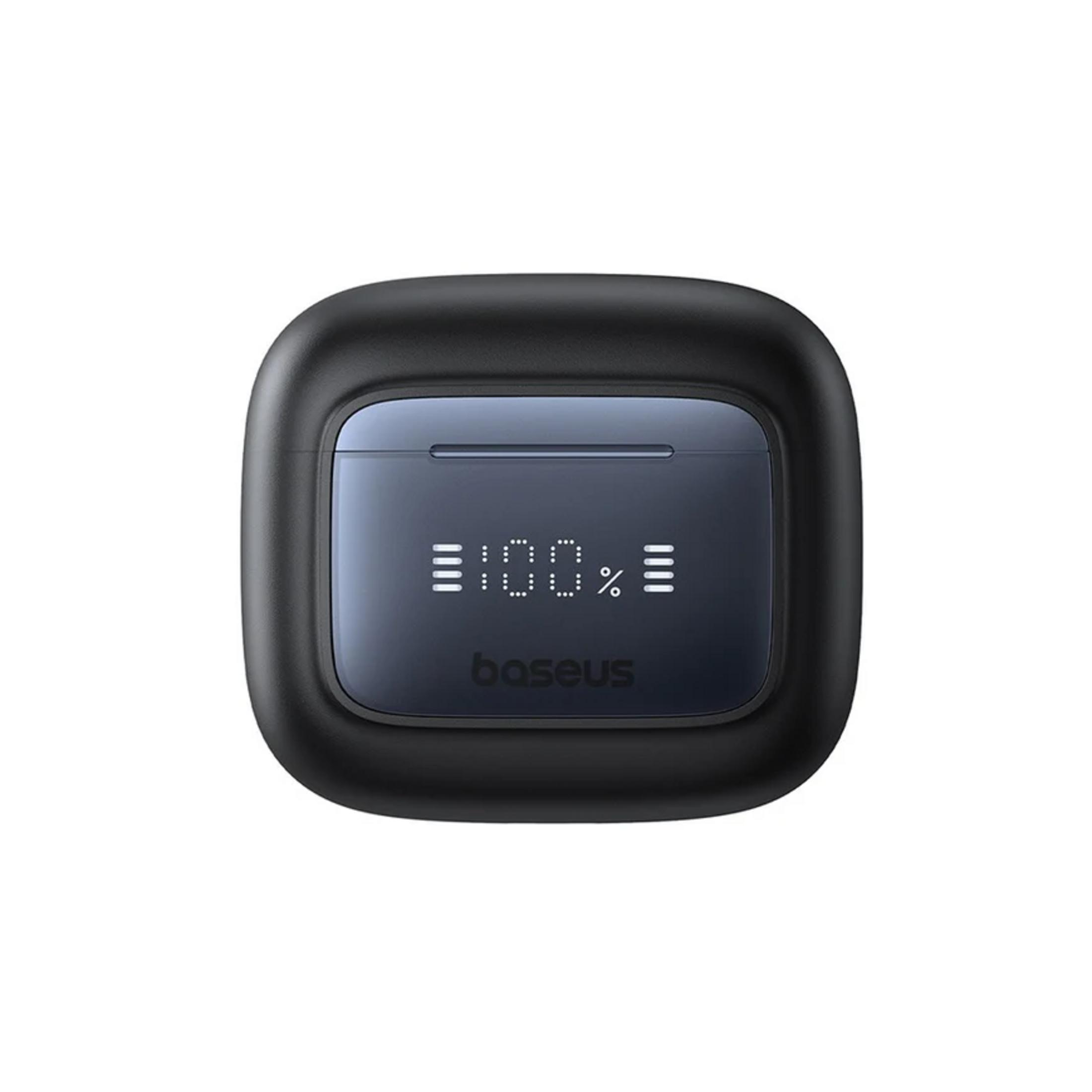Custodia di ricarica nera con display digitale (100%) e logo Baseus.
