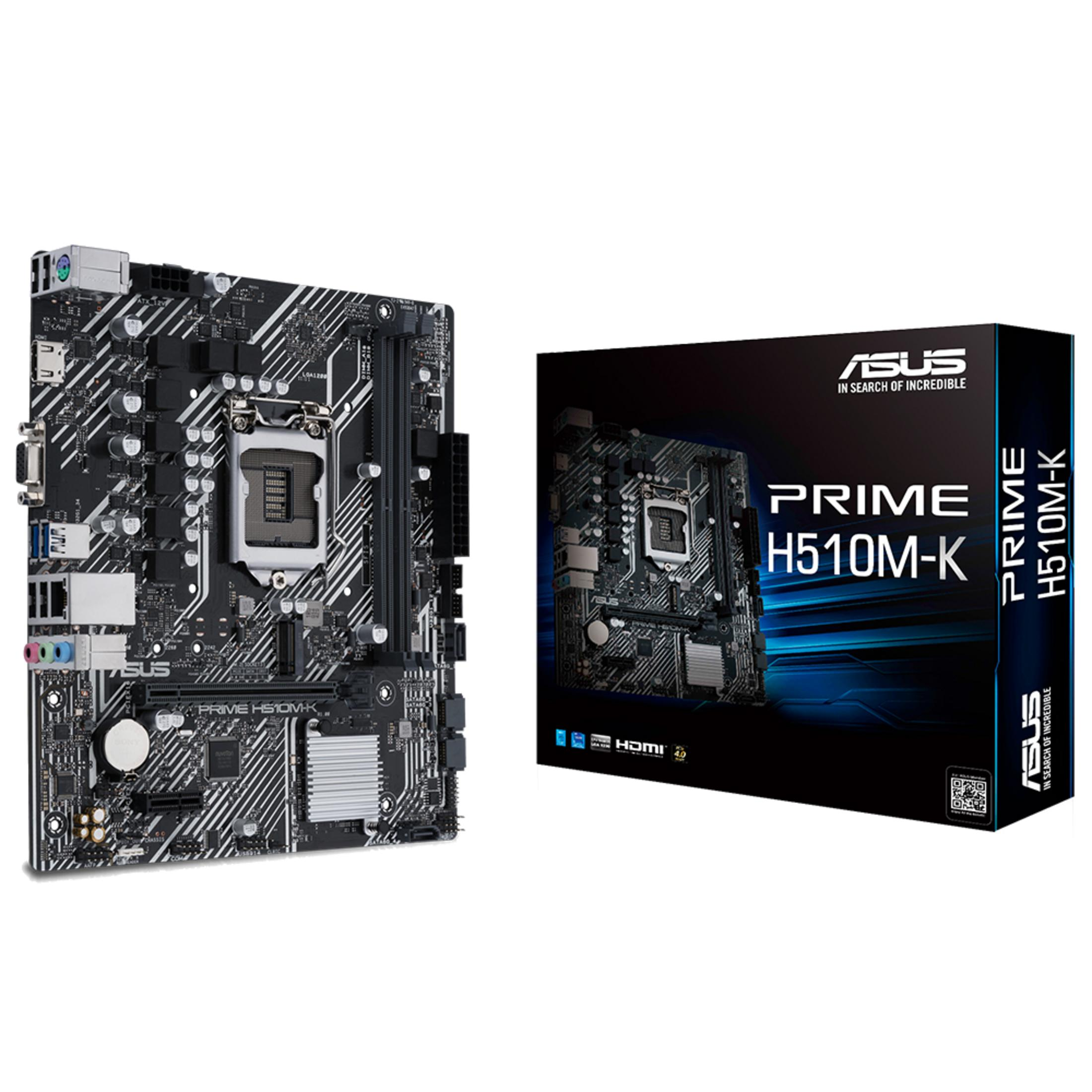 Una scheda madre ASUS Prime H510M-K nera accanto alla sua scatola.