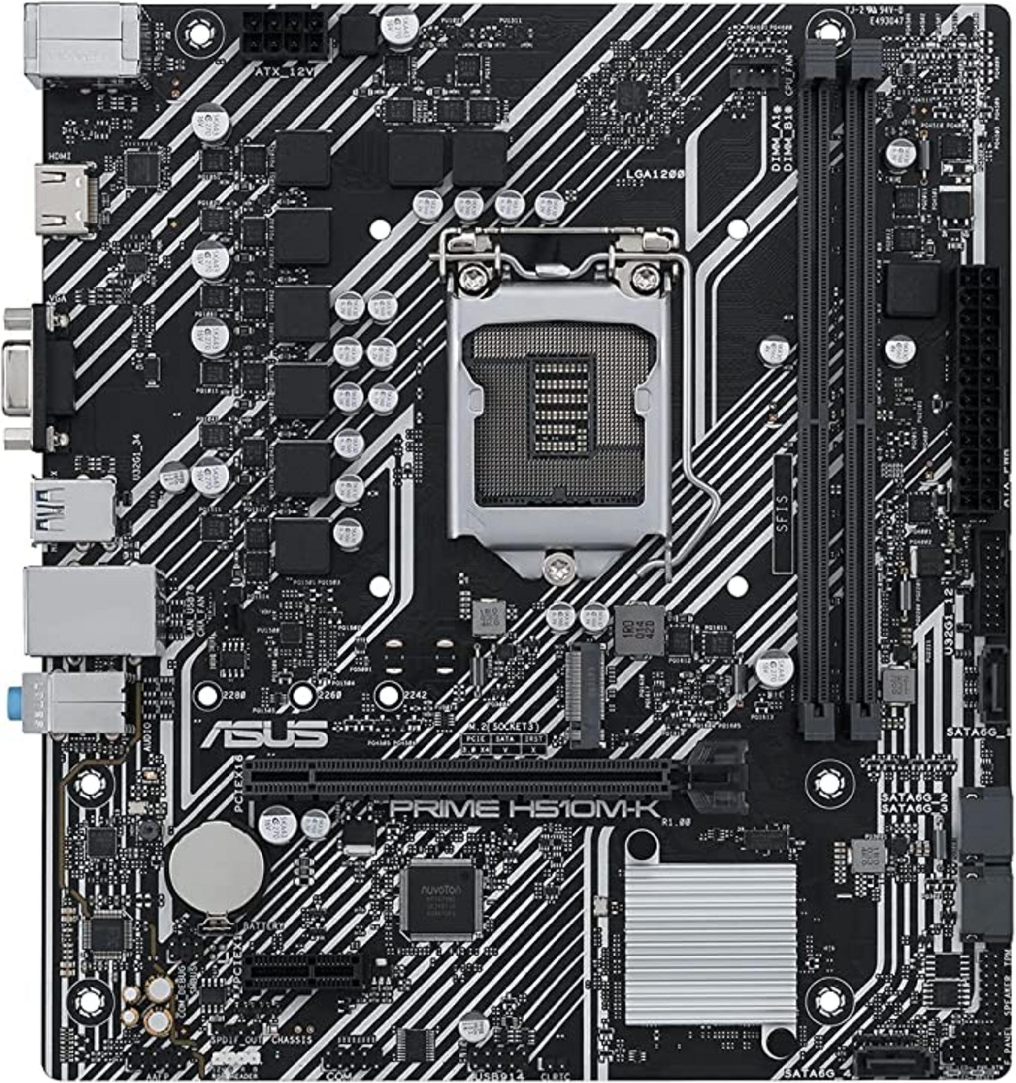 Scheda madre ASUS Prime H510M-K con socket CPU, slot RAM e connettori.