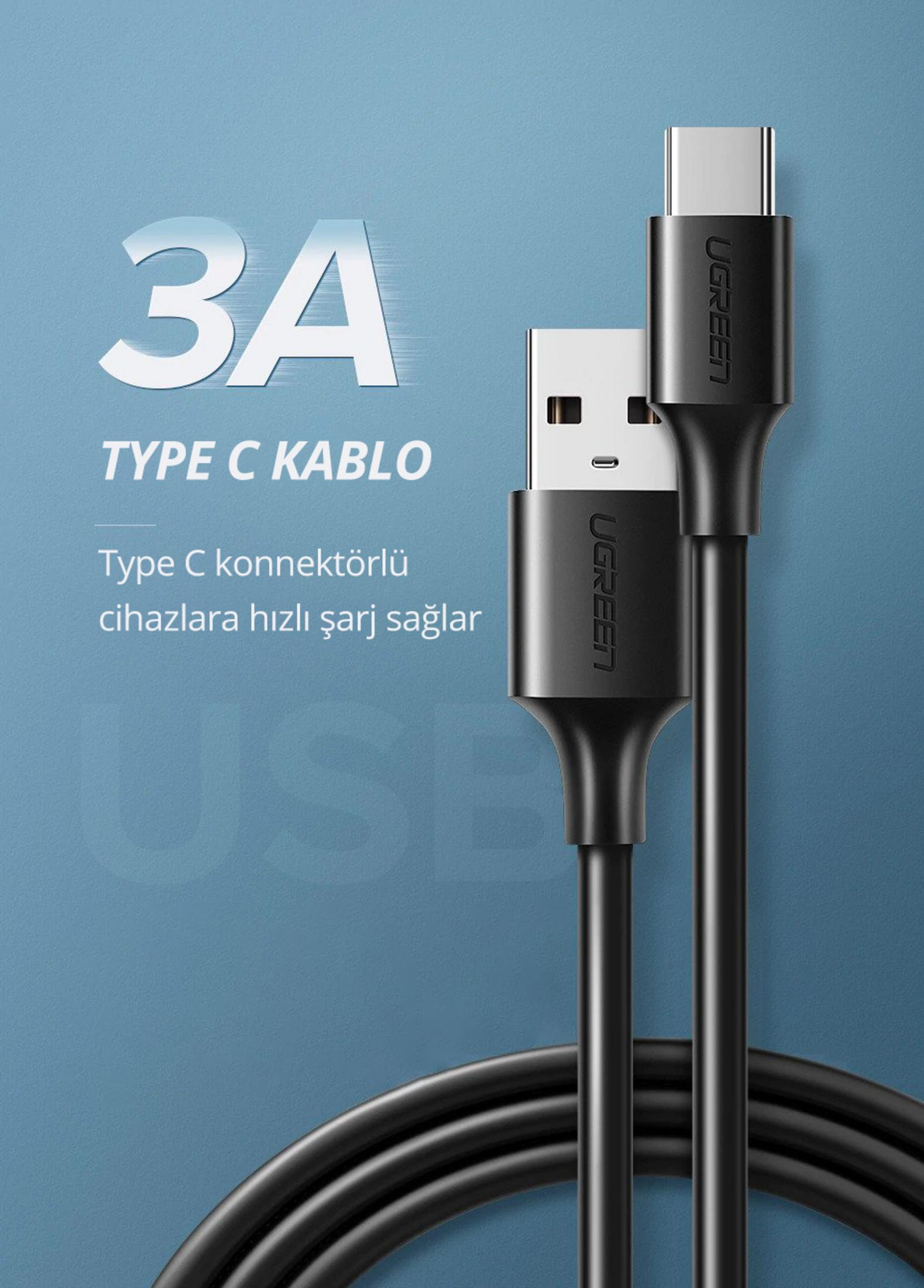 Black 3A charging USB C cable with USB A connector on blue background.