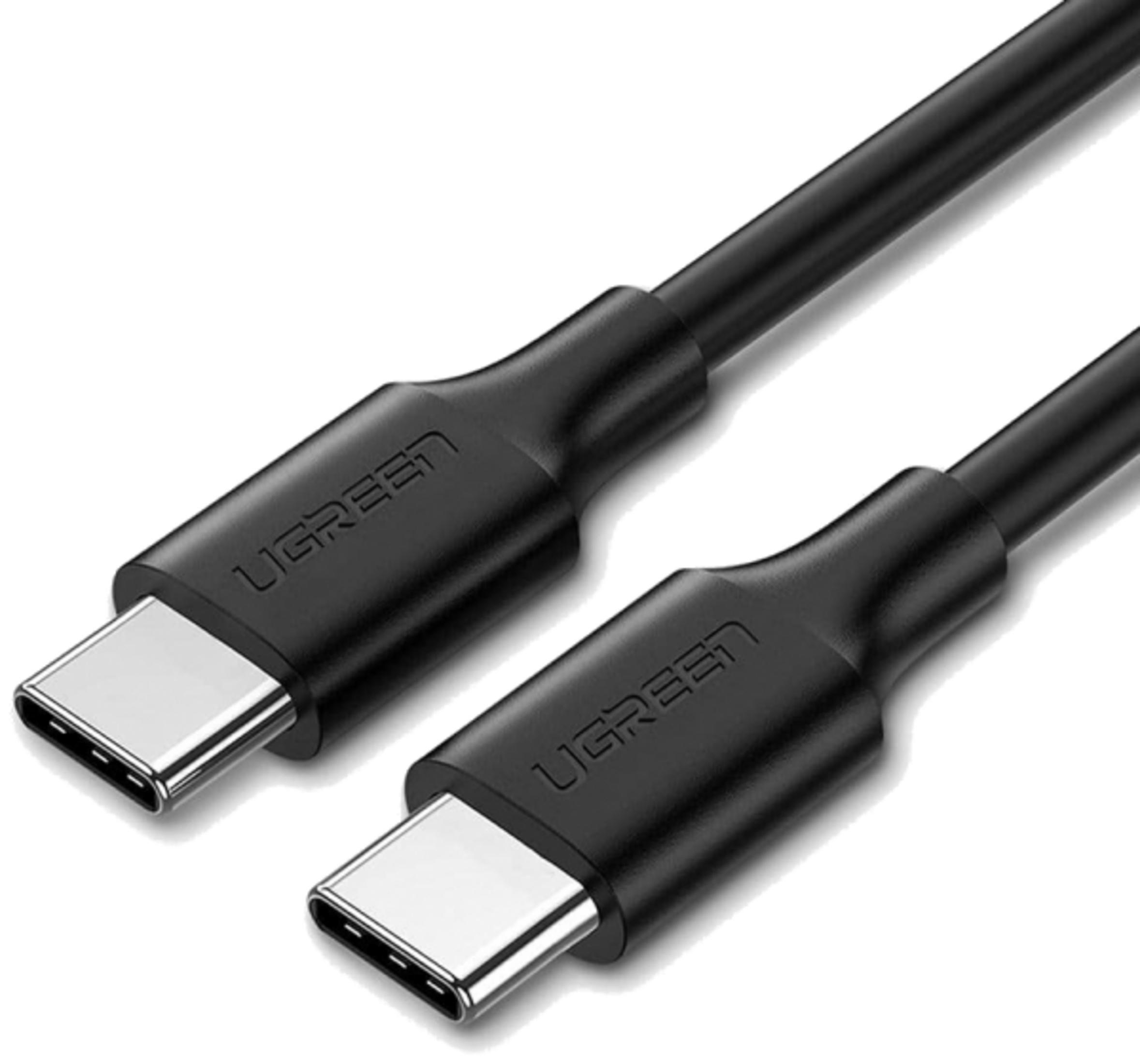 Due cavi USB-C neri con connettori argentati su sfondo bianco.